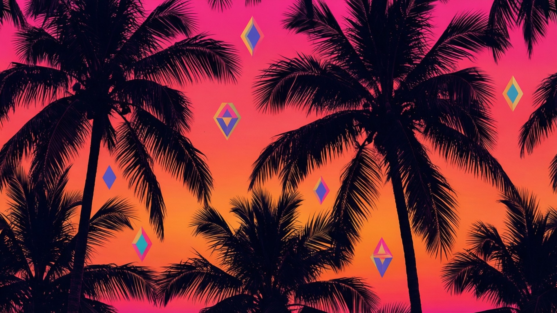 Palm Sunset Geometry 壁紙 — 剪影棕櫚樹襯托著充滿活力的粉紅色和橙色日落，並有漂浮的幾何鑽石形狀。