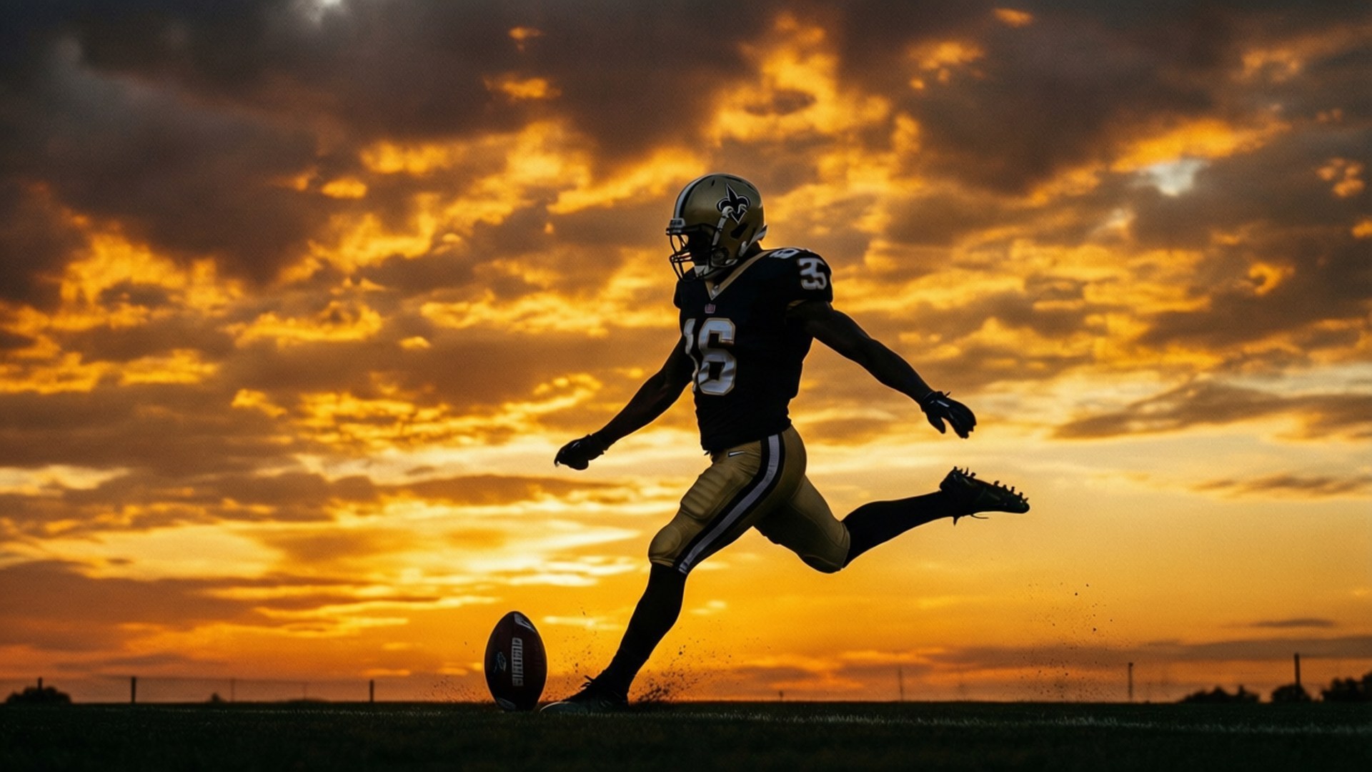 Saints Kicker Sunset 壁紙 — 一個剪影足球員踢球，背景是火橙色的日落天空。