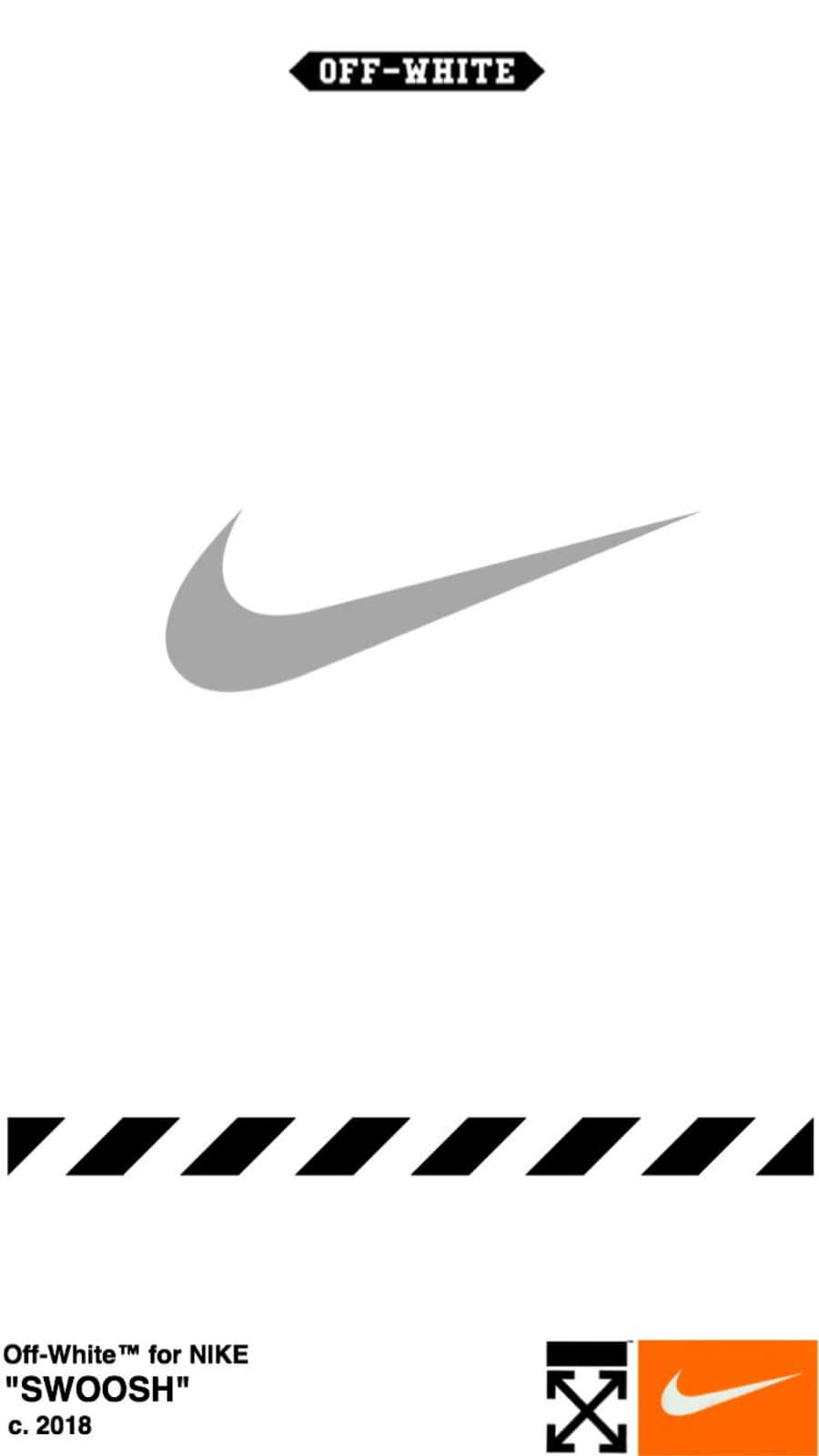 Off-White x Nike Swoosh標誌設計，配有斜紋及品牌文字。 — iPhone 11 壁紙