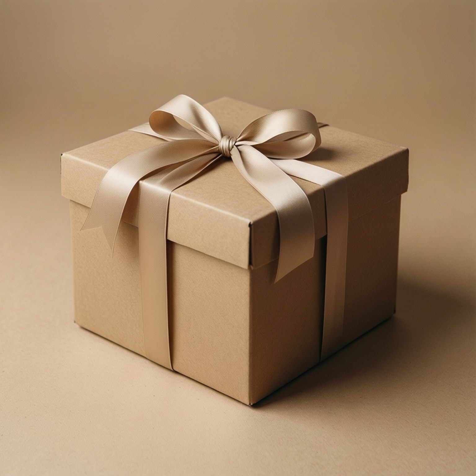 Beige Gift Box 壁紙 — 一個簡約的米色禮物盒，繫著相配的緞帶蝴蝶結，放在柔軟的米色表面上。