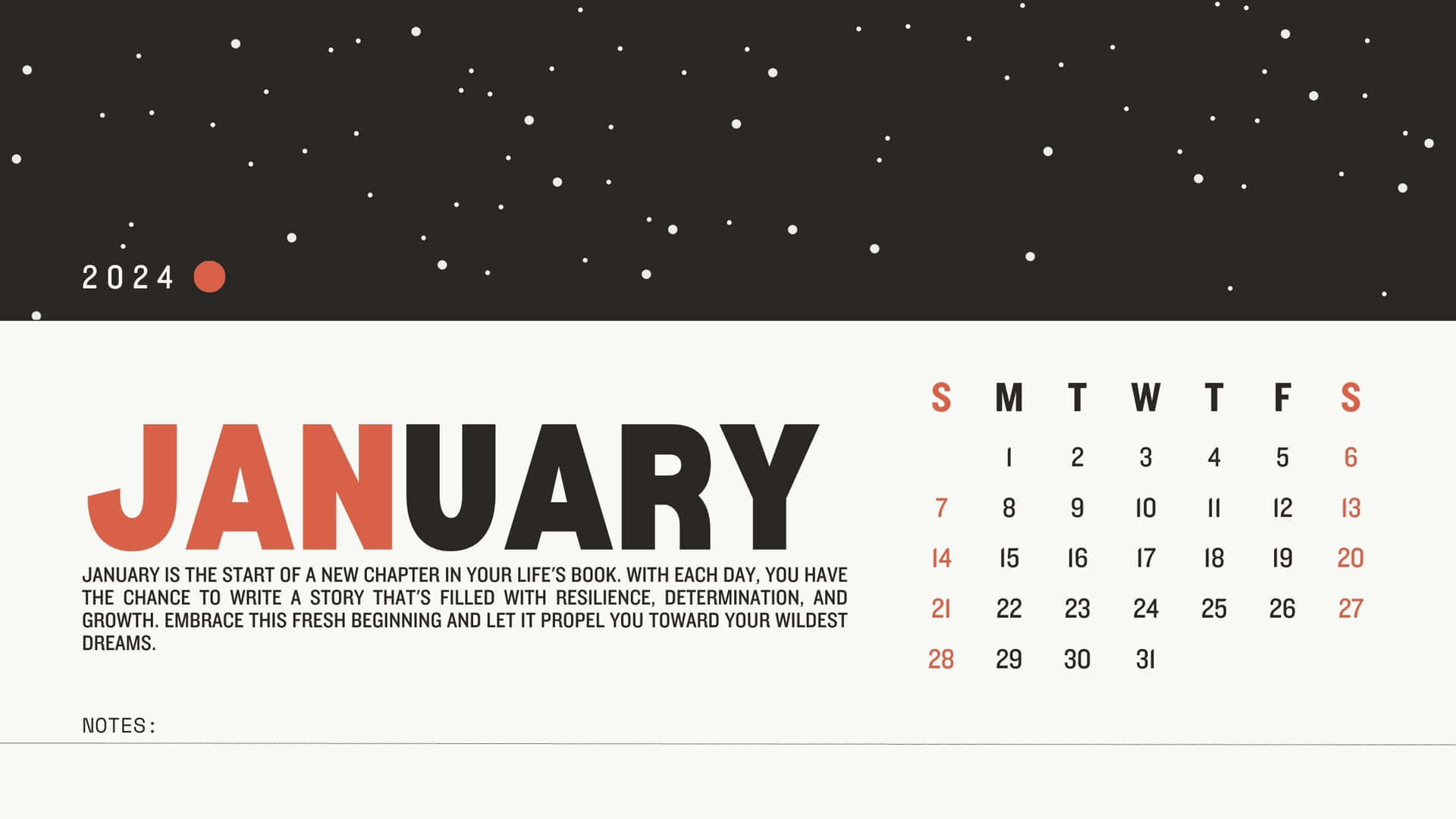  壁紙 — 簡約風格的2024年1月月曆，以粗體字型搭配星空夜空背景。