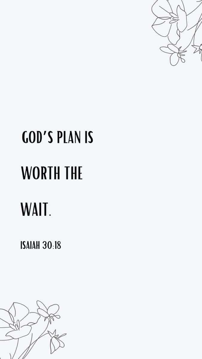  壁紙 — 簡約風格桌布，淺灰色背景上帶有粗體黑色文字 'GOD'S PLAN IS WORTH THE WAIT' 和花卉線條藝術點綴。