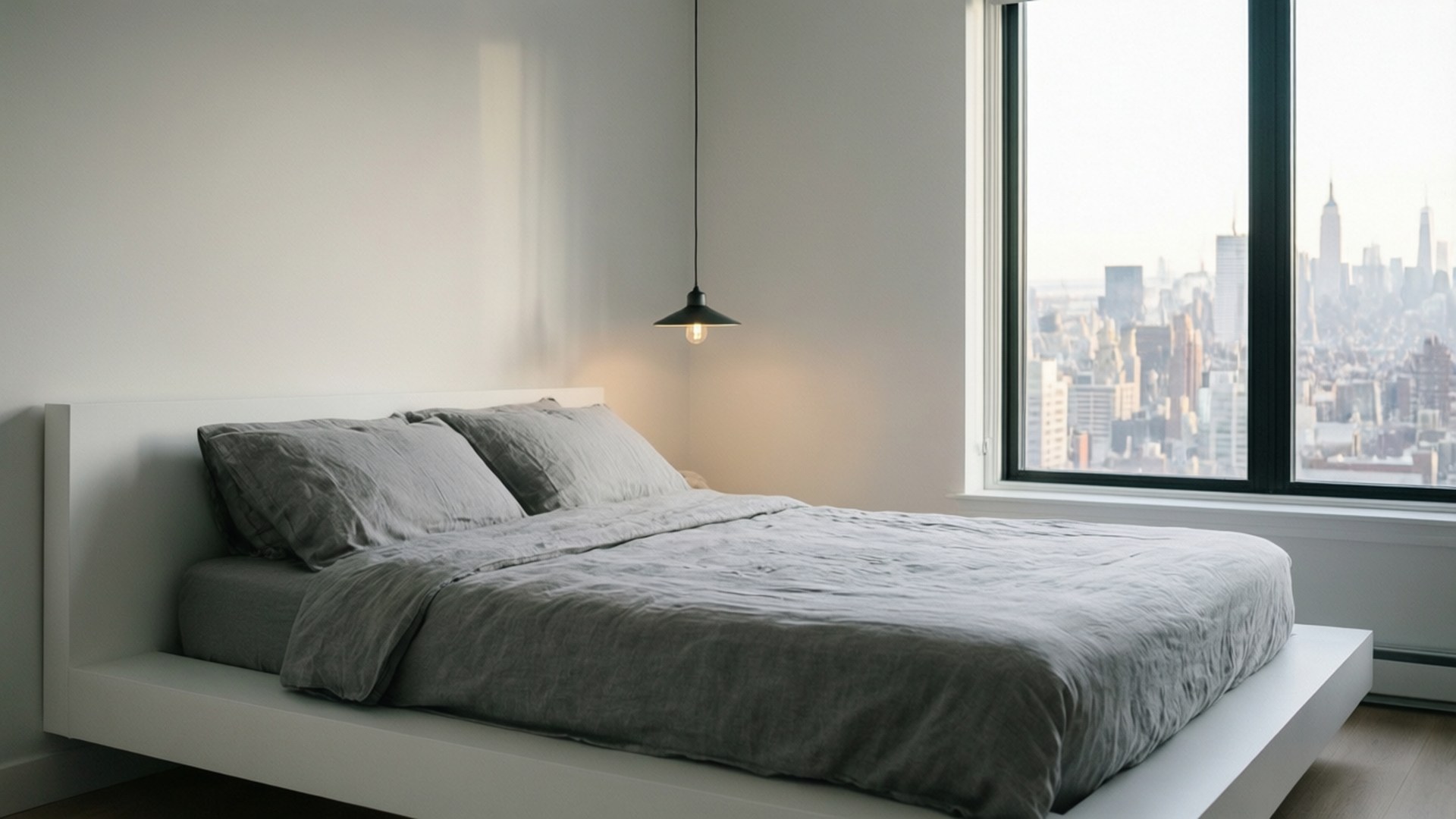 Home Decor 桌布 壁紙 — 簡約風臥室，灰色床鋪搭配白色地台，透過大窗戶俯瞰明亮城市天際線。