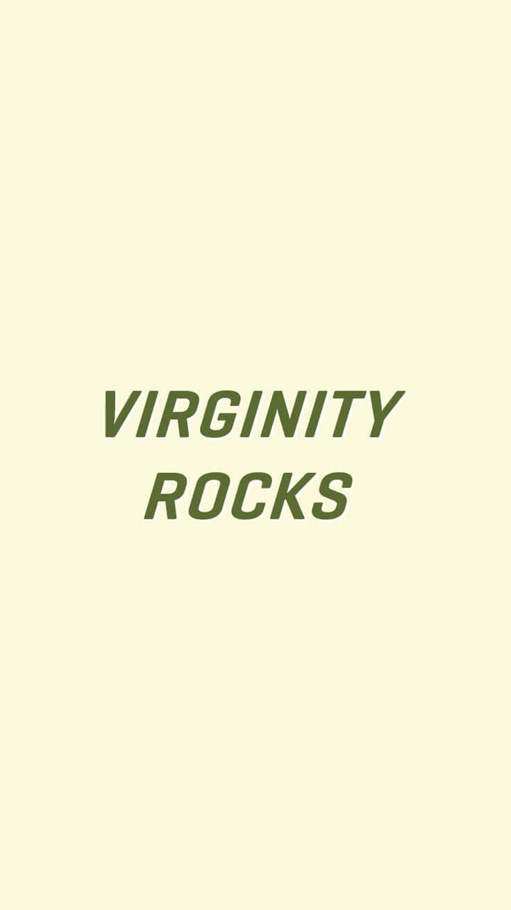  壁紙 — 簡約文字桌布，淺黃色背景上帶有粗體綠色字母 'VIRGINITY ROCKS'。