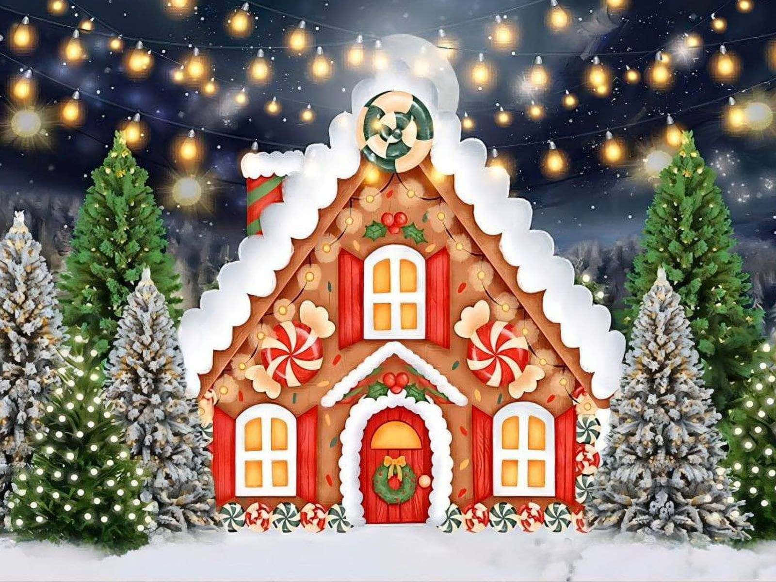  壁紙 — 一間充滿奇思妙想的薑餅屋，飾有拐杖糖和冬青，在夜晚白雪皚皚的冬季森林中，閃爍的串燈下閃耀。