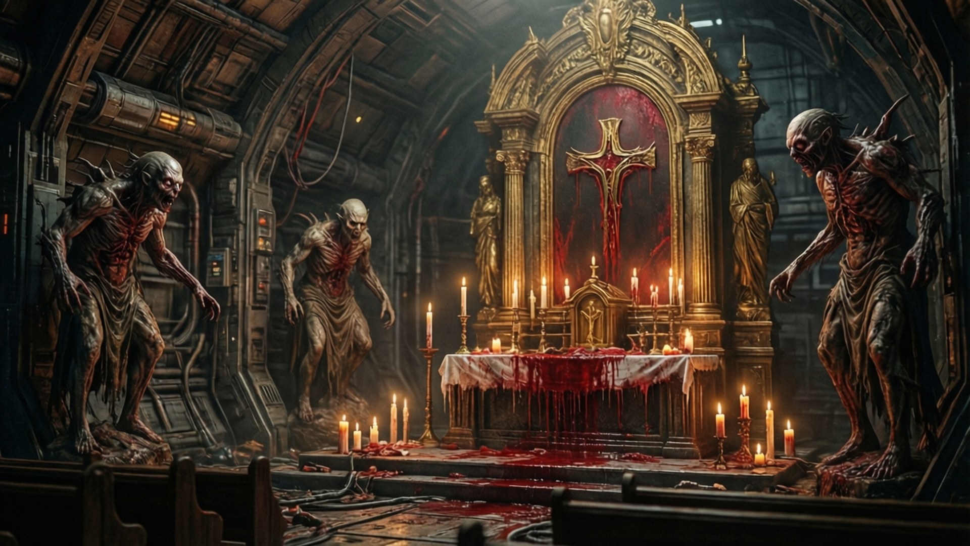 Church of Unitology Interior 壁紙 — 殭屍包圍著一座血跡斑斑的祭壇，位於破敗的大教堂中，有搖曳的蠟燭和金色十字架。