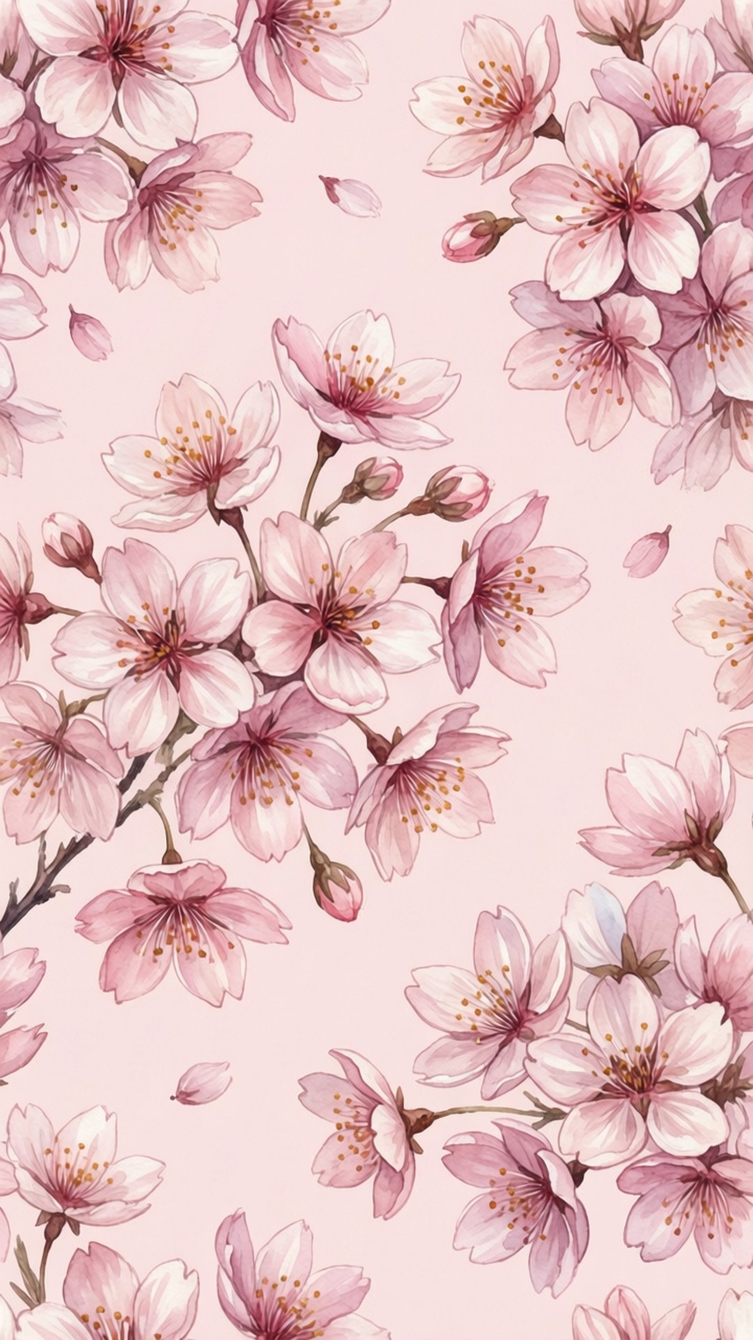 Cherry Blossom Pattern 壁紙 — 嬌嫩的粉紅櫻花帶有黃色雄蕊，在纖細的枝條上盛開，襯以柔和的粉彩粉紅背景。