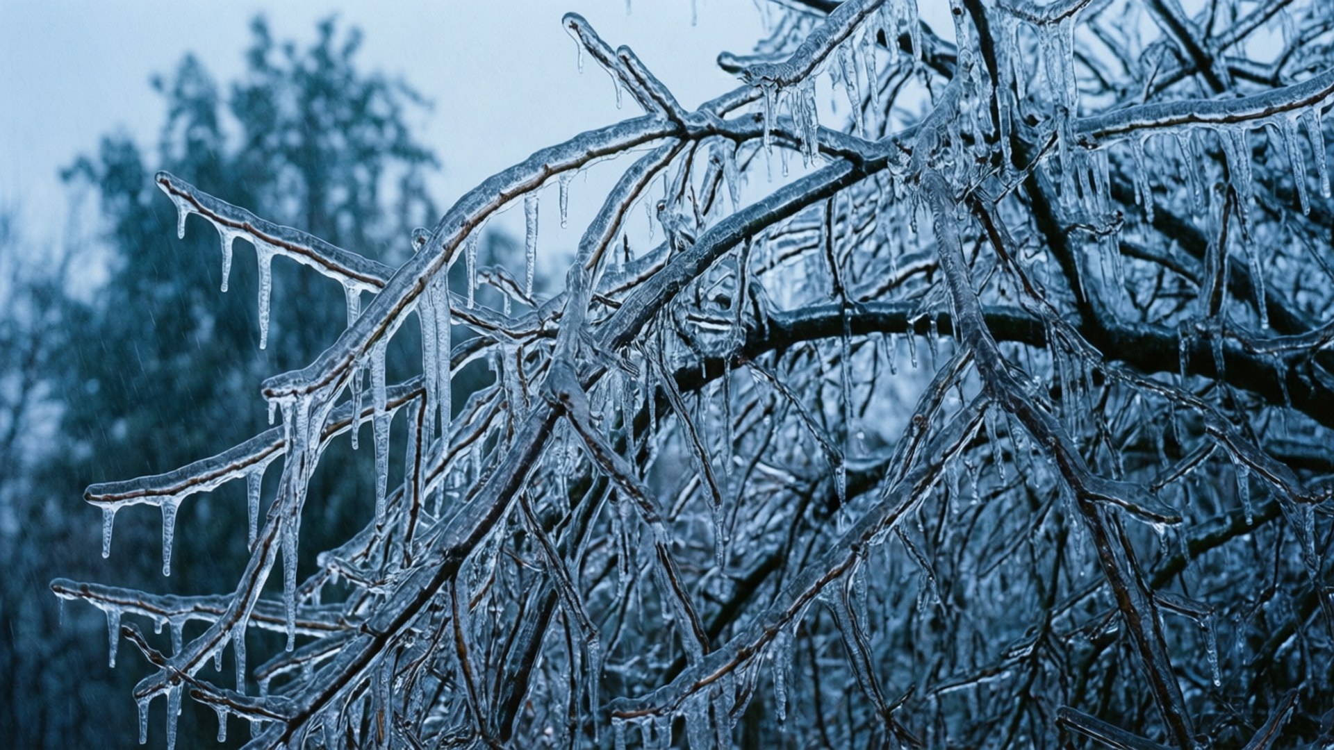 Ice Storm Glaze 壁紙 — 結冰的樹枝掛滿閃閃發光的冰柱，懸掛在柔和的藍色冬日天空下。