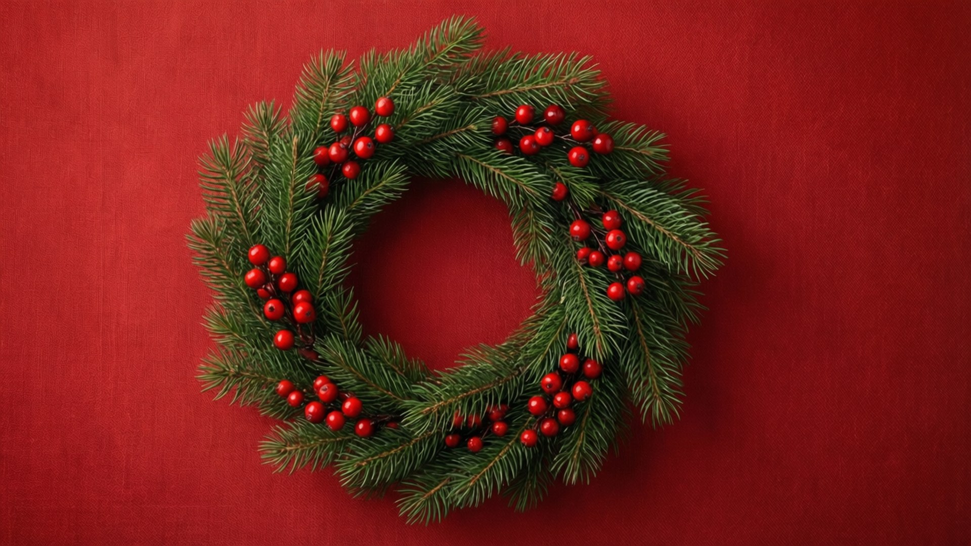 Wreath on Red 壁紙 — 一個節日常綠花環，飾以鮮紅色漿果簇，靠在豐富紋理的深紅色背景上。