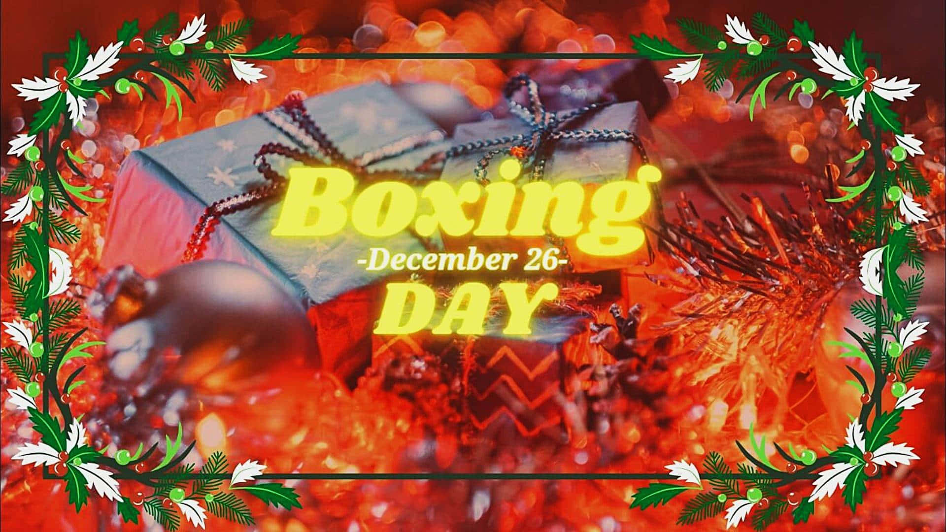  壁紙 — 節日節禮日場景，包裝好的禮物和冬青花環邊框在散景背景中溫暖地發光。