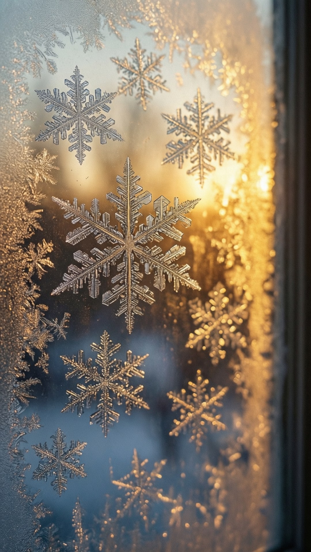 Frosted Window Snowflakes 壁紙 — 結霜的窗戶點綴著精緻的雪花，在金色夕陽背景下溫暖地發光。