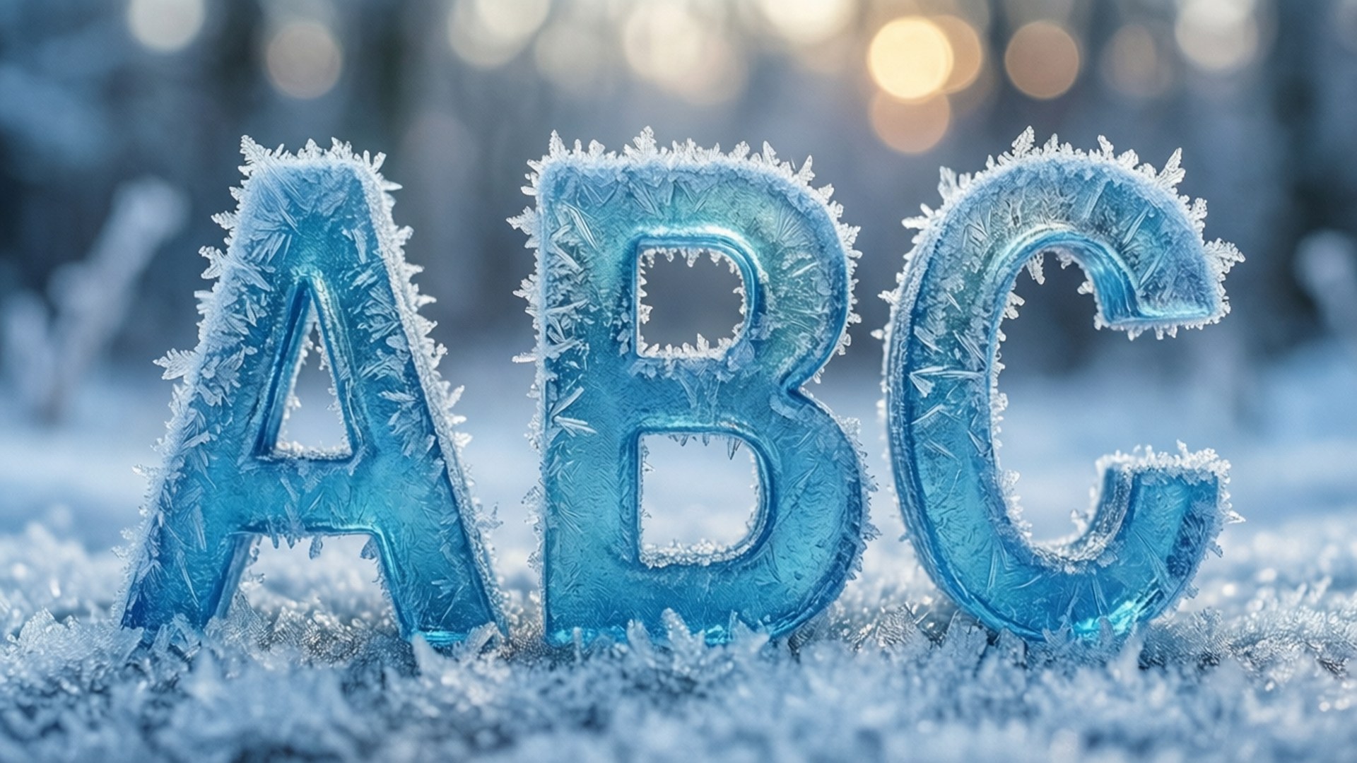 Frozen ABC 壁紙 — 結霜的藍色字母ABC站在雪中，背後有模糊的溫暖燈光。