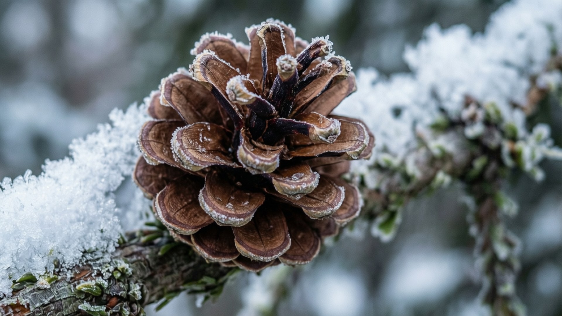 Frosty Pine Cone 壁紙 — 一個結霜的松果緊貼在積雪的樹枝上，精緻的冰晶在其鱗片上閃閃發光。