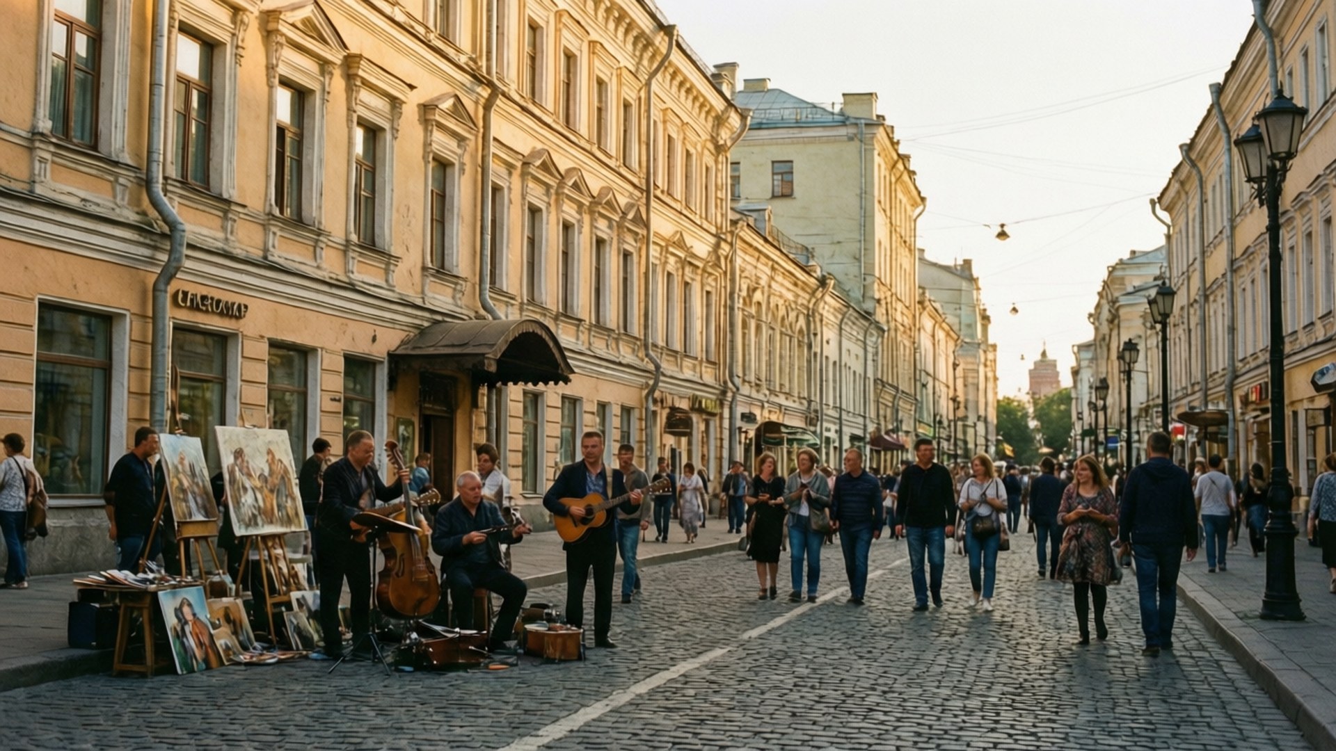 Old Arbat Evening 壁紙 — 街頭音樂家在鵝卵石行人街上演奏原聲樂器，街道兩旁是歷史建築，人們漫步而過。
