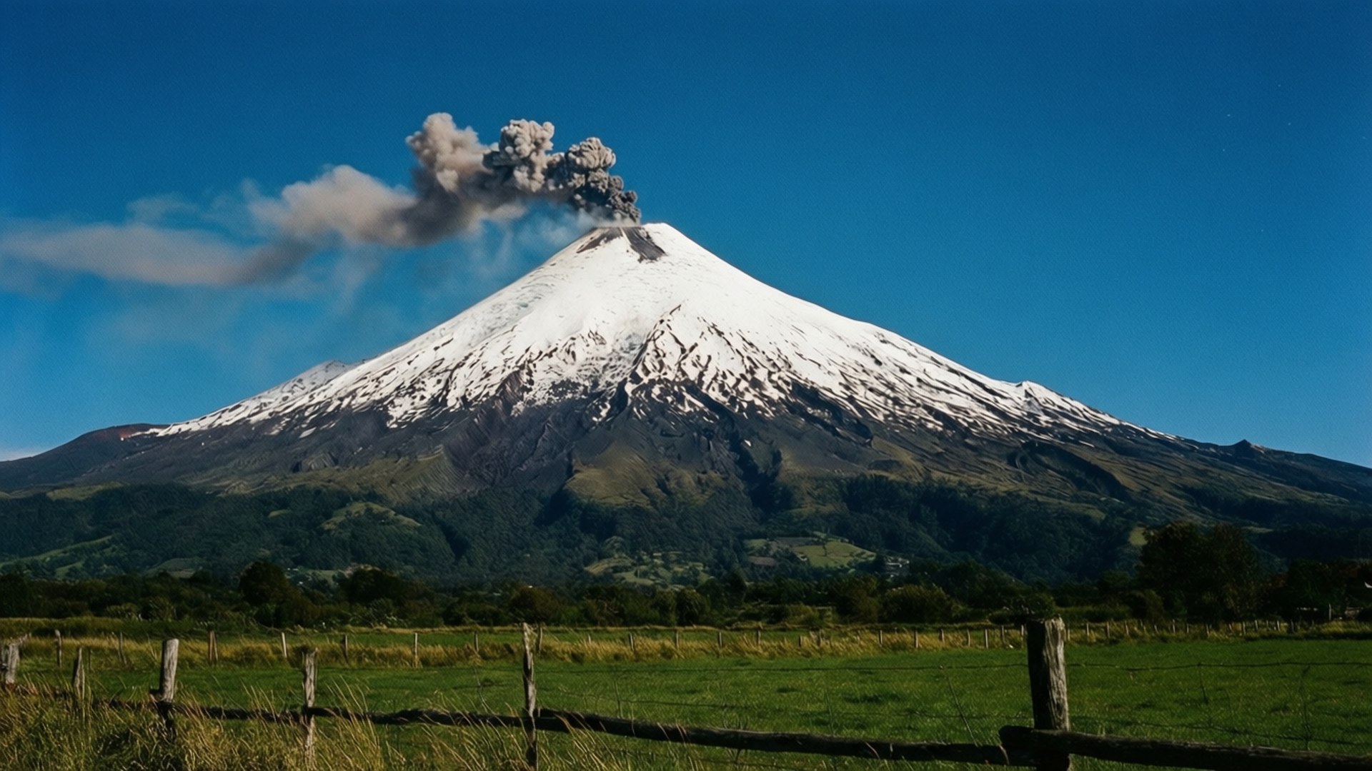 Villarrica Volcano Eruption 壁紙 — 一座積雪火山在藍天白雲下，向著綠色牧場上的木柵欄噴出黑煙。