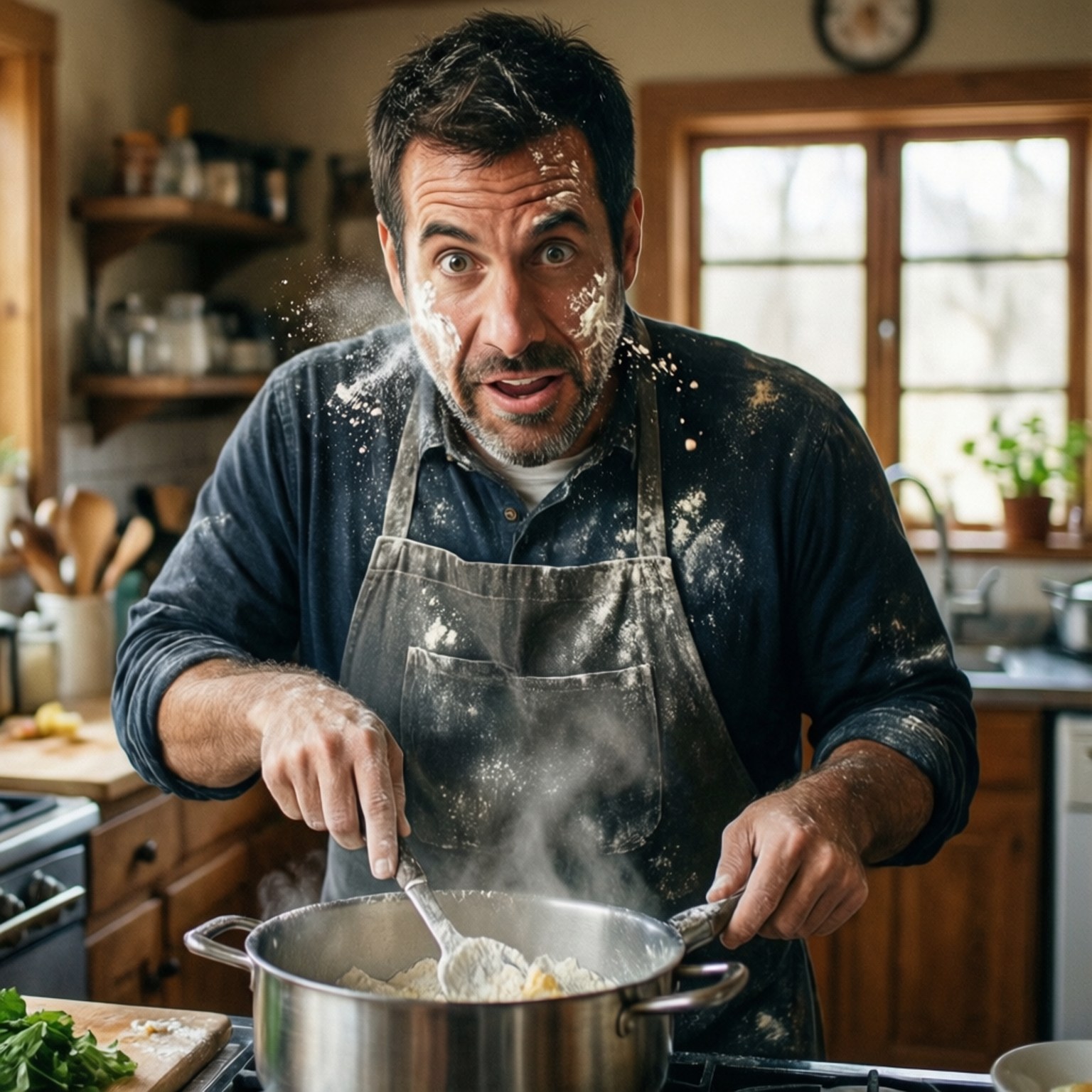 Adam Sandler 桌布 壁紙 — 一個臉上和圍裙沾滿麵粉的男人在舒適的木製廚房裡攪拌冒著蒸氣的鍋，表情驚訝。