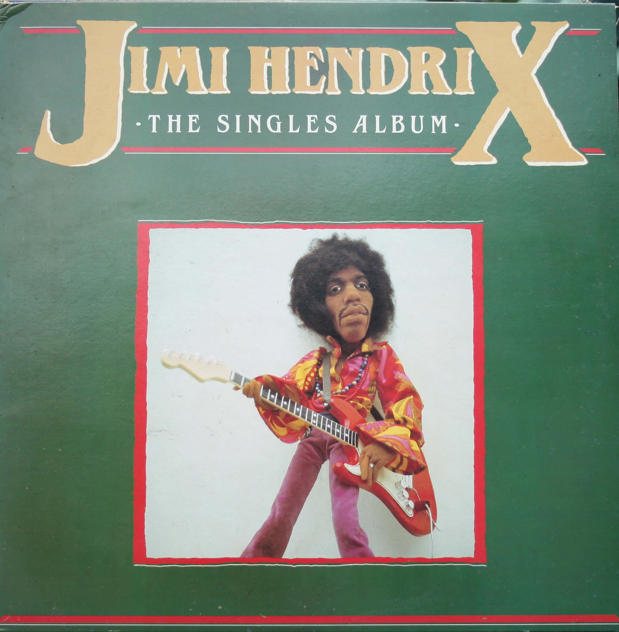 cover 桌布 壁紙 — Jimi Hendrix 在紅色電吉他上，穿著色彩繽紛的圖案襯衫，背景為白色，以綠色和紅色框邊。