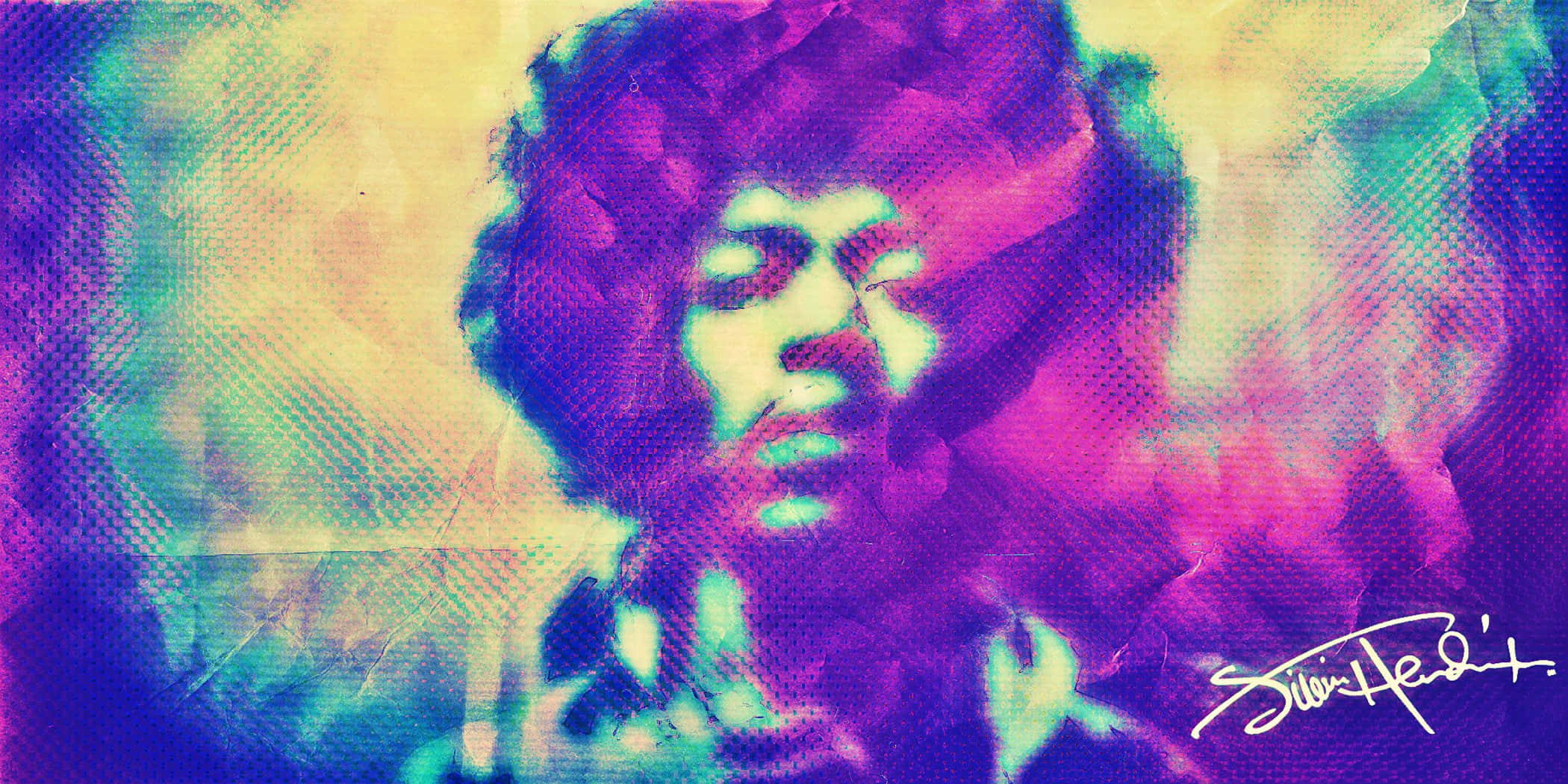 桌布 壁紙 — Jimi Hendrix 的風格化肖像，帶有充滿活力的紫色和藍綠色色調以及半色調紋理。