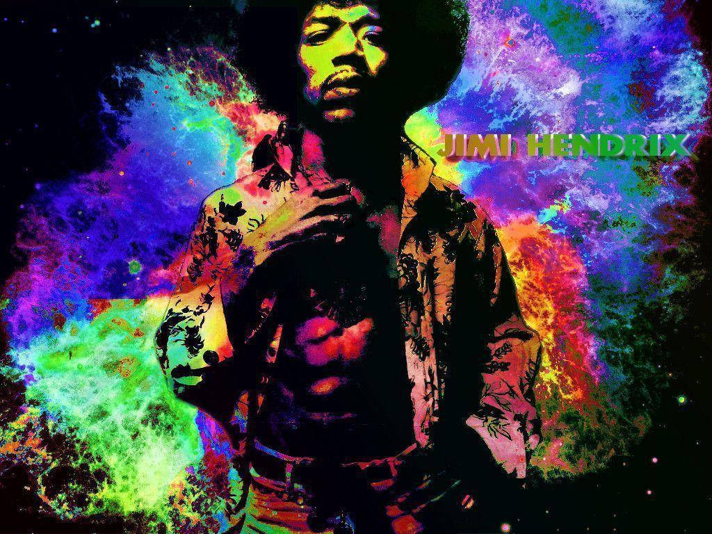 Celebrity 桌布 壁紙 — Jimi Hendrix 站在霓虹色彩的迷幻爆炸背景前，他的名字以鮮豔色調發光。