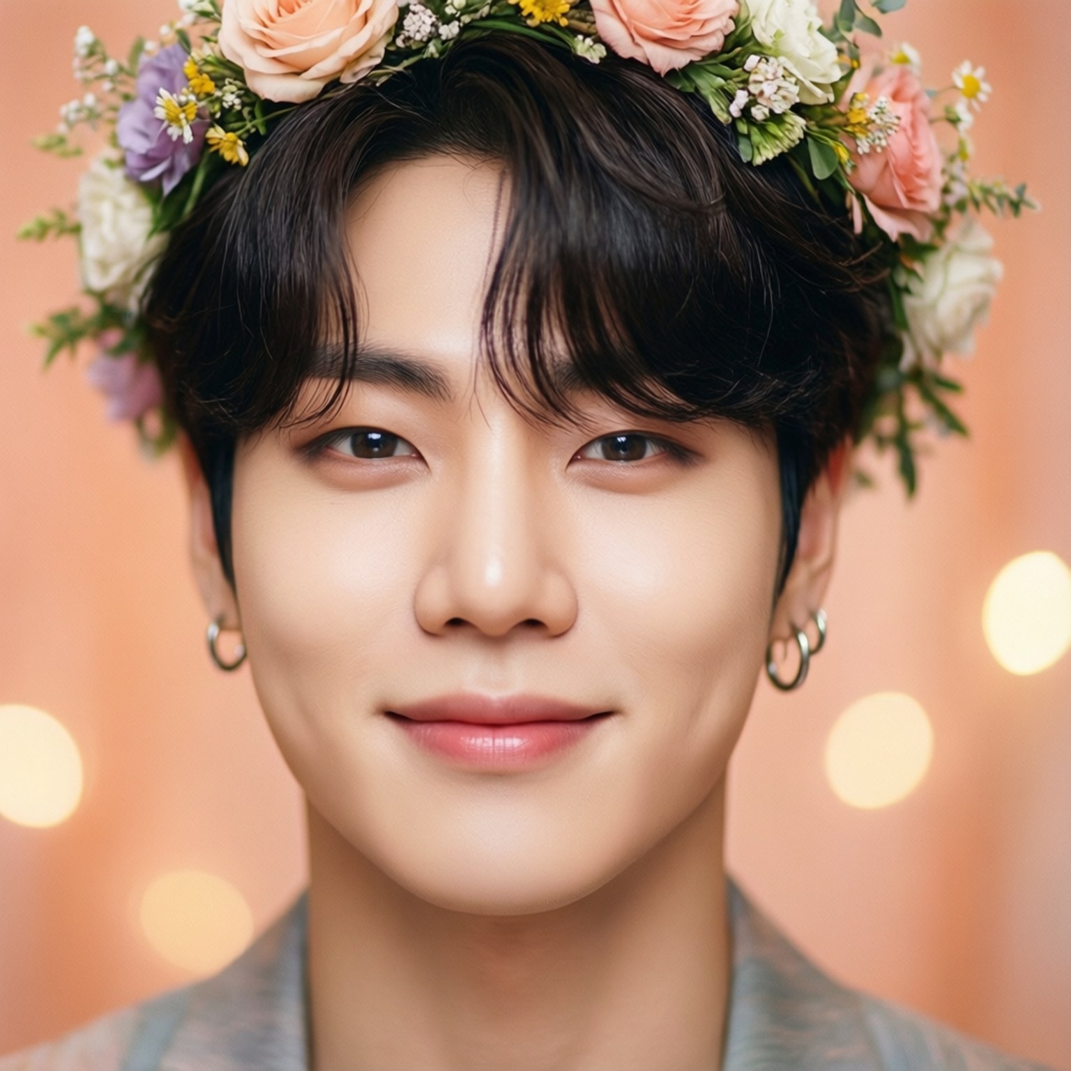 桃花 Jimin 壁紙 — 一位深色頭髮的年輕男子戴著色彩繽紛的花冠，背景是柔和的桃色和閃爍的燈光。