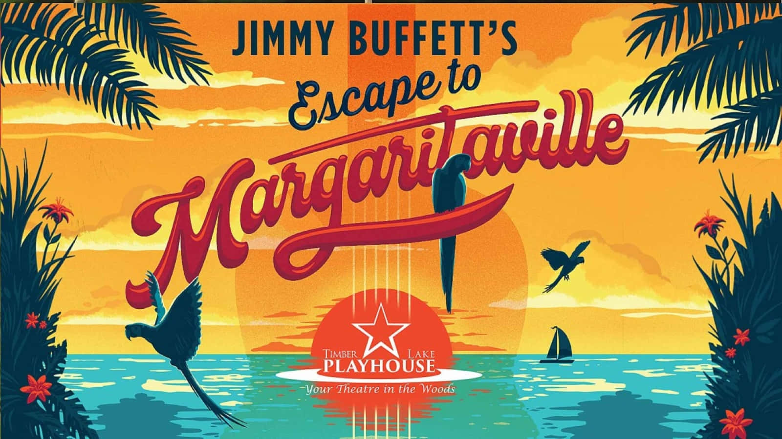 Tropical 桌布 壁紙 — Jimmy Buffett 的 Escape to Margaritaville 充滿活力的熱帶日落海報， featuring 棕櫚樹、鸚鵡和碧綠海水上的帆船。