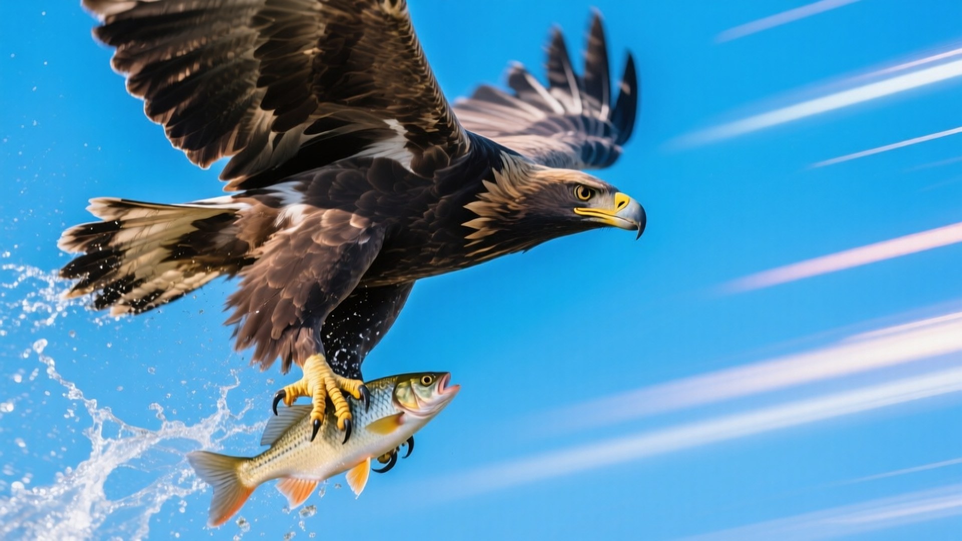 Eagle Catching Fish 壁紙 — 一隻金雕在明亮的藍天中翱翔，用爪子抓住一條銀色的魚在半空中。