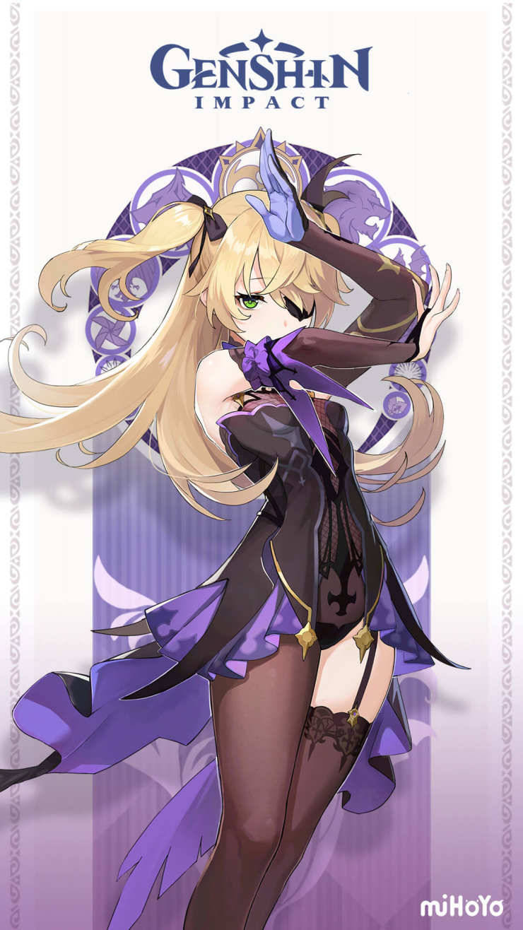 來自原神的動漫角色，穿著紫色和黑色服裝，動態擺姿勢。 — 原神手機壁紙 壁紙