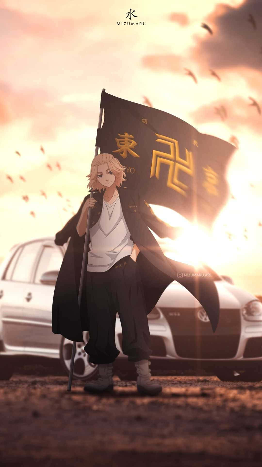 動漫角色在夕陽下持旗，背景有汽車 — Mikey Tokyo Revengers 壁紙