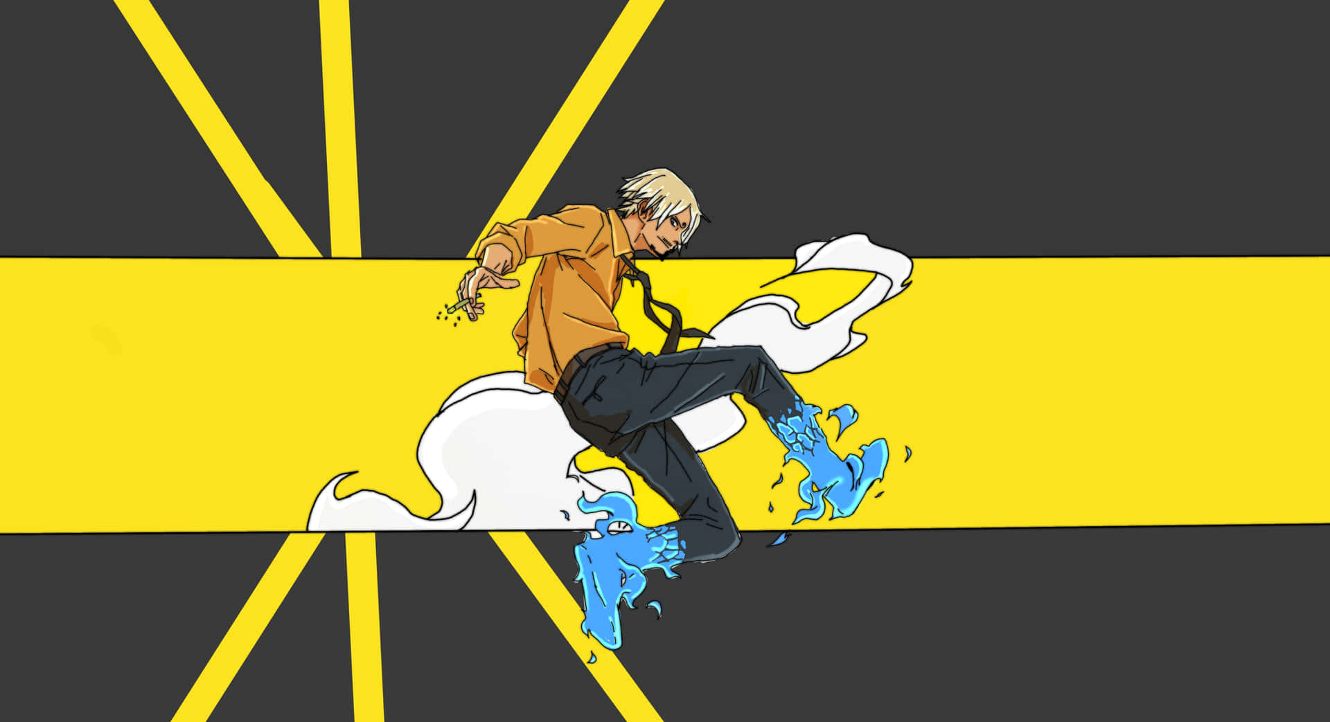  壁紙 — 一個金髮動漫男孩穿著橙色襯衫，騎著一朵白雲，腳下濺起藍色水花，背景是醒目的黃色和黑色。