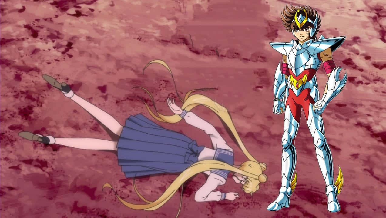  壁紙 — 一個金髮動漫女孩穿著藍色校服，被打敗躺在紅色星球表面，而一個銀色和紅色盔甲戰士保護性地站在她上方。