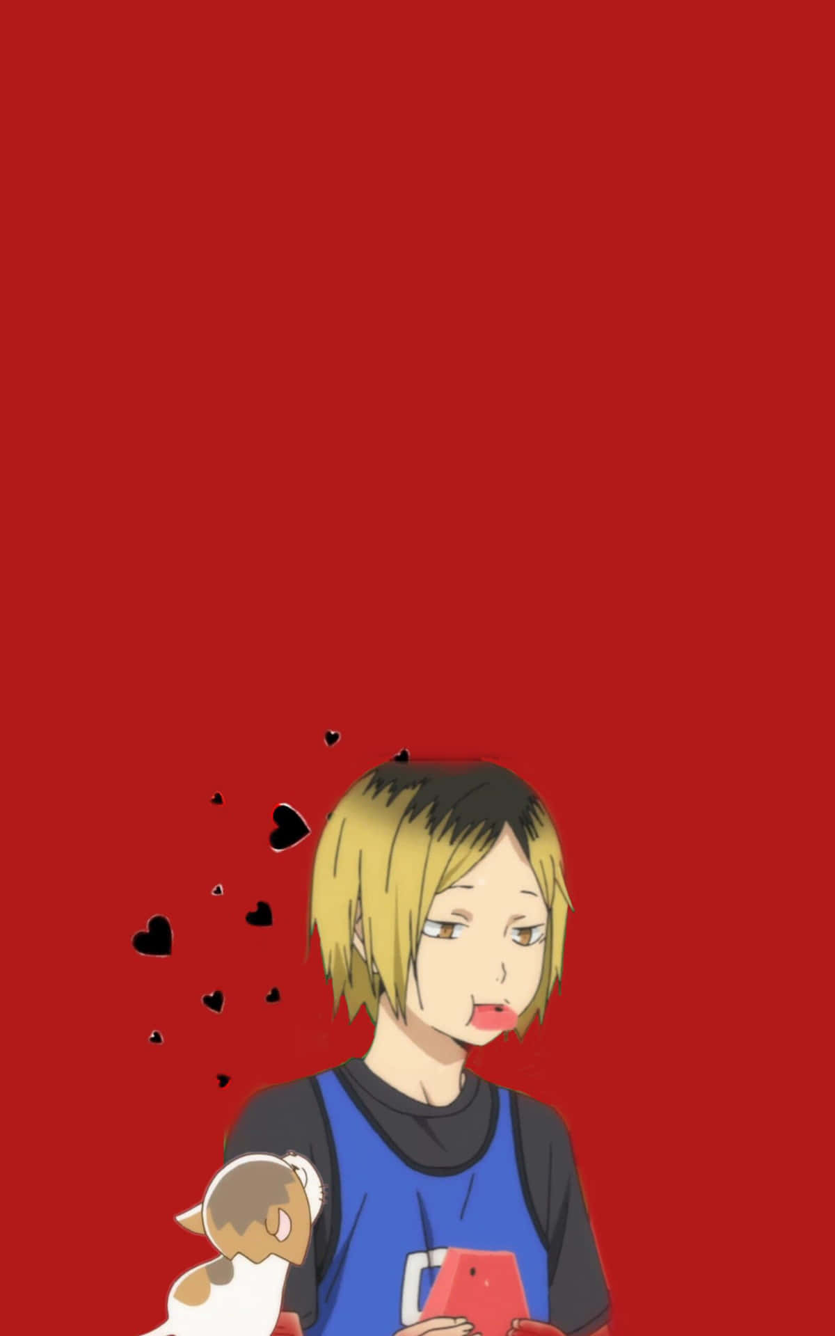  壁紙 — 一個金髮動漫女孩穿著藍色球衣，拿著一部紅色電話，旁邊漂浮著黑色心形，背景為純紅色。