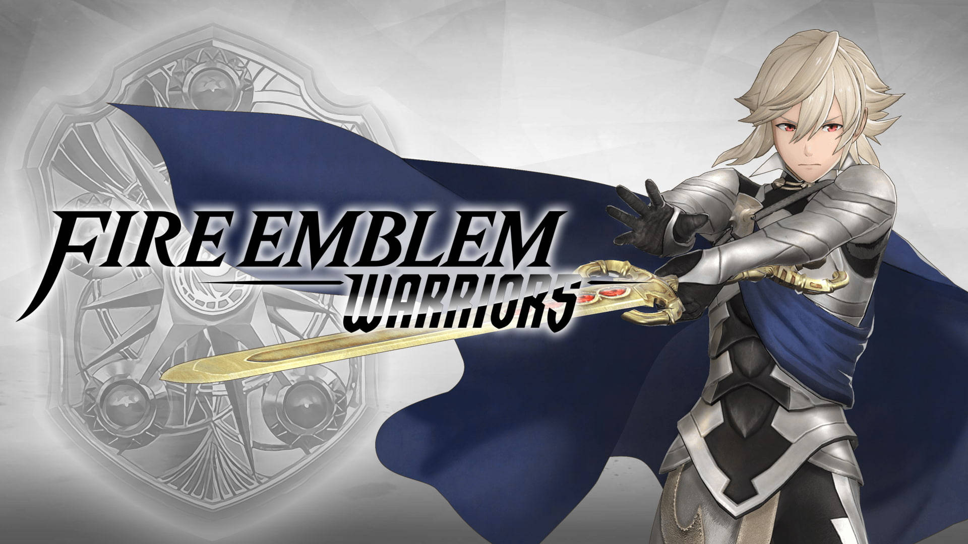 動漫戰士身穿銀色盔甲，手持金色劍，披著藍色斗篷。 — Fire Emblem Warriors 壁紙