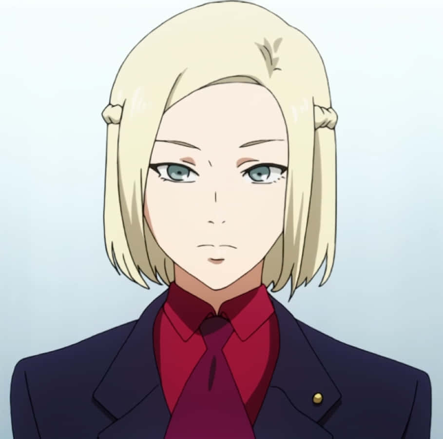 Akira Mado 桌布 壁紙 — 一位金髮藍眼的動漫女孩，穿著深色西裝外套和紅色襯衫，背景為純色淺色。