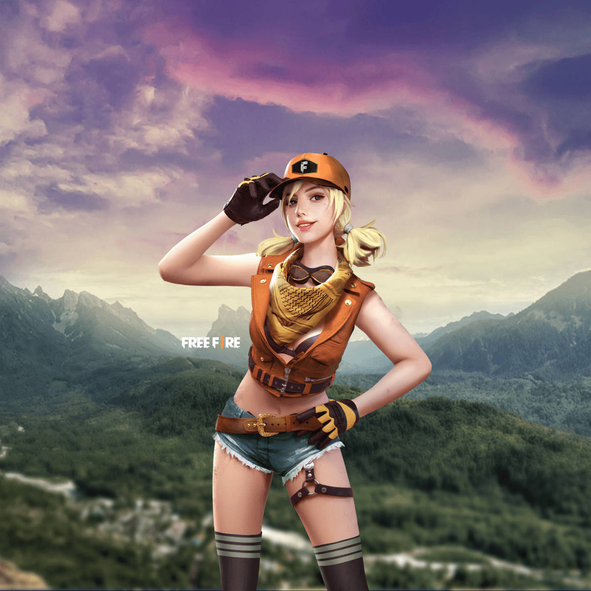 金髮女玩家戴著橙色帽子和牛仔短褲站在日落時分的山脊上。 — Free Fire 壁紙