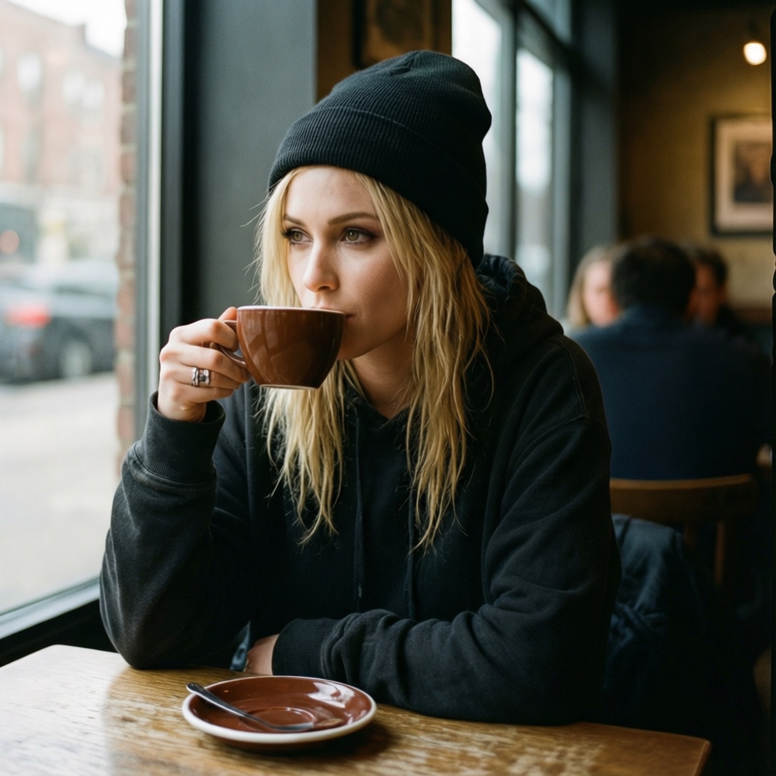Cozy Cafe Avril 壁紙 — 一位金髮女子戴著黑色毛帽，在舒適咖啡館的窗邊木桌上喝咖啡。