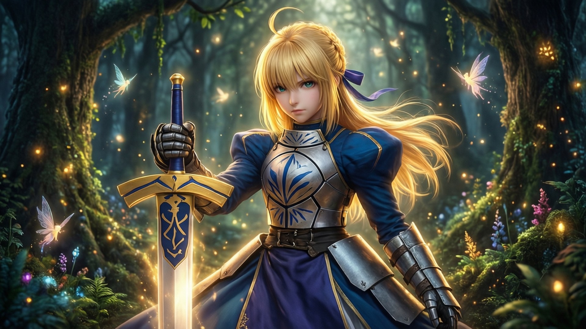 Saber Excalibur Forest 壁紙 — 一位金髮騎士身穿藍色盔甲，在充滿發光蝴蝶和長滿苔蘚樹木的神秘森林中，手持一把發光的劍。