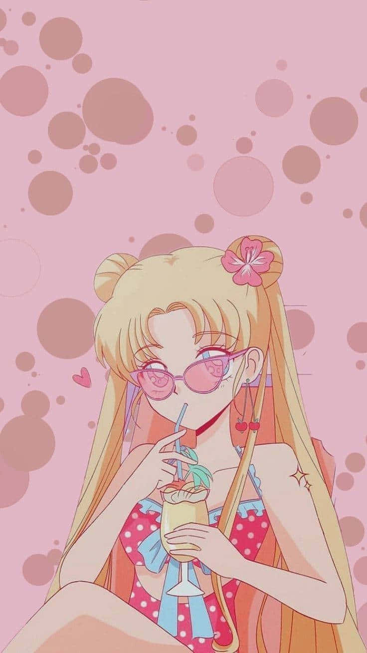  壁紙 — 金髮少女戴著粉紅色太陽眼鏡，在粉紅色泡泡背景前啜飲熱帶飲料。