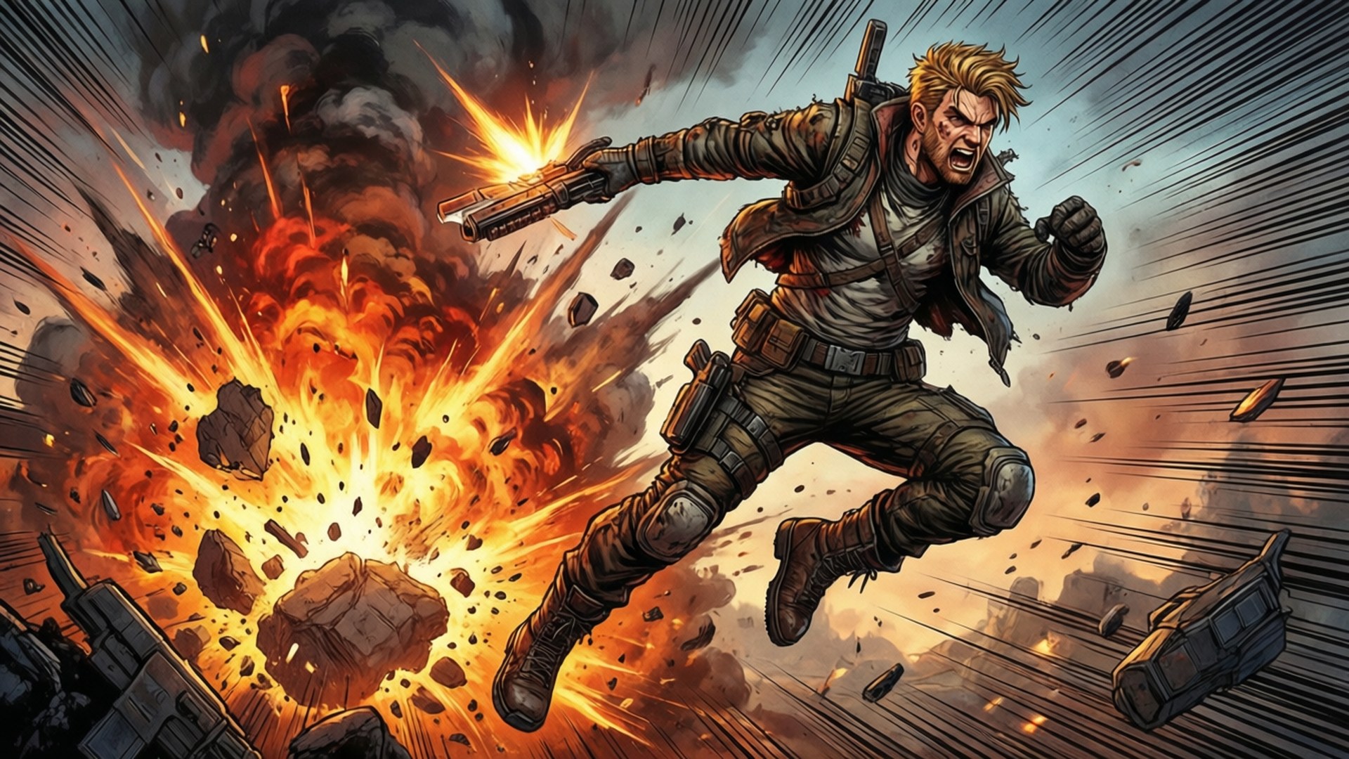 Explosive Leap 壁紙 — 一名金髮士兵躍起空中開槍射擊，身後爆炸爆發，碎片四散。