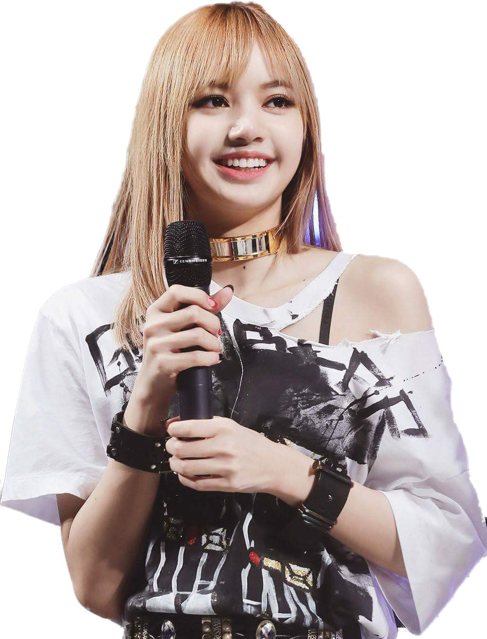 金髮女性在舞台上手持麥克風微笑。 — Blackpink 壁紙