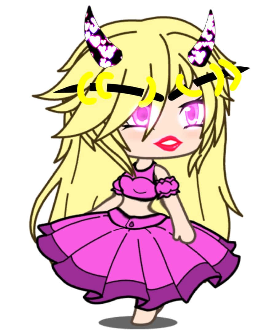  壁紙 — 金髮心形角的Chibi動漫女孩穿著鮮豔的粉紅色連衣裙，眼睛生氣。