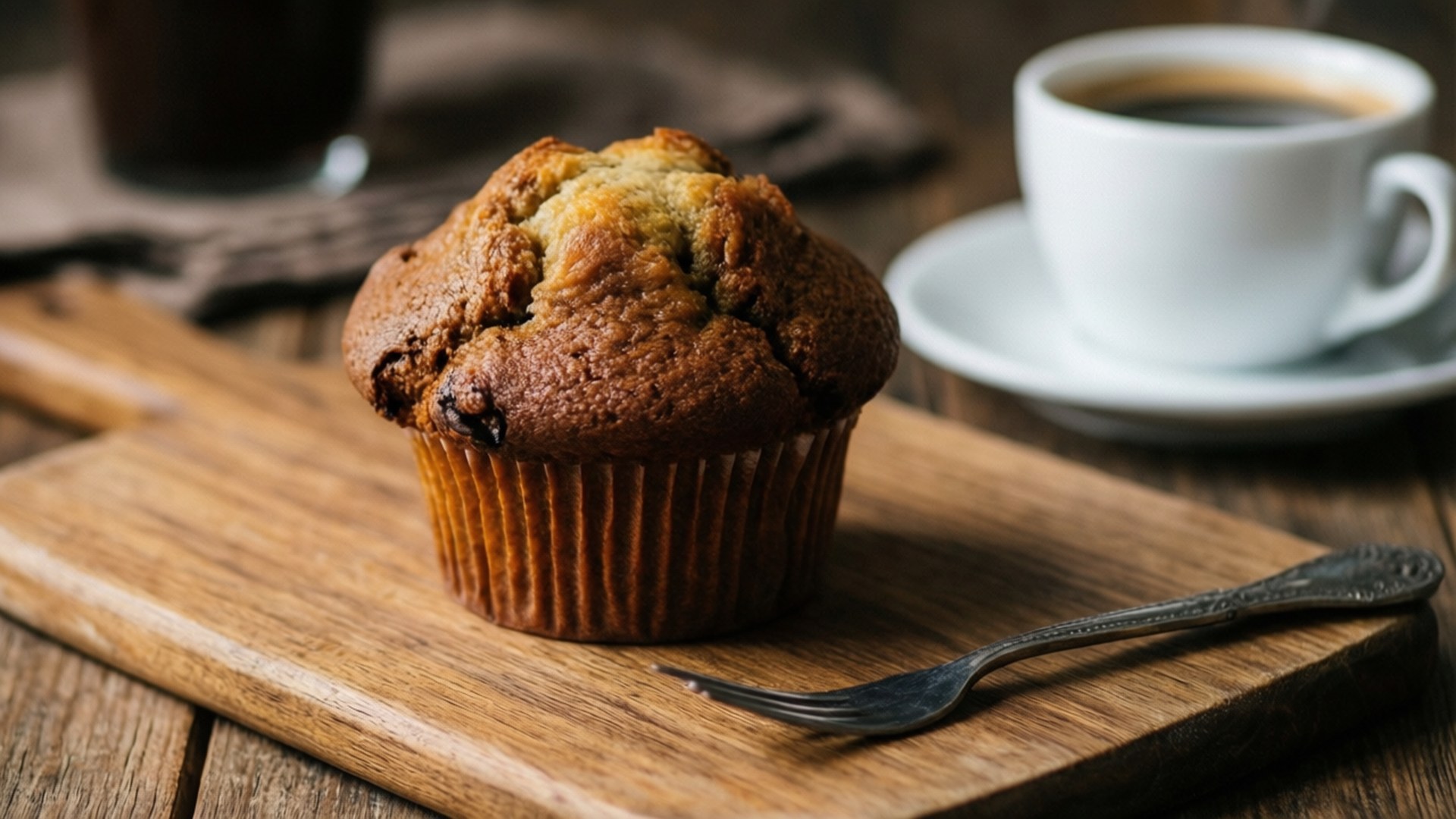 Muffin and Coffee Morning 壁紙 — 一個金黃色的巧克力豆鬆餅放在木板上，旁邊有一個白色咖啡杯和一個復古叉子。