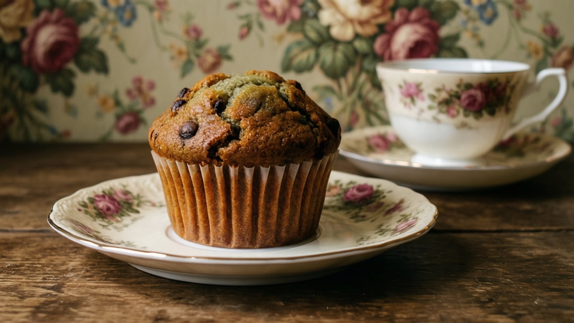 Tea Time Muffin 壁紙 — 一個金黃色的巧克力碎片鬆餅放在一個花卉圖案的盤子上，旁邊有一個相配的茶杯，放在一張鄉村風格的木桌上。