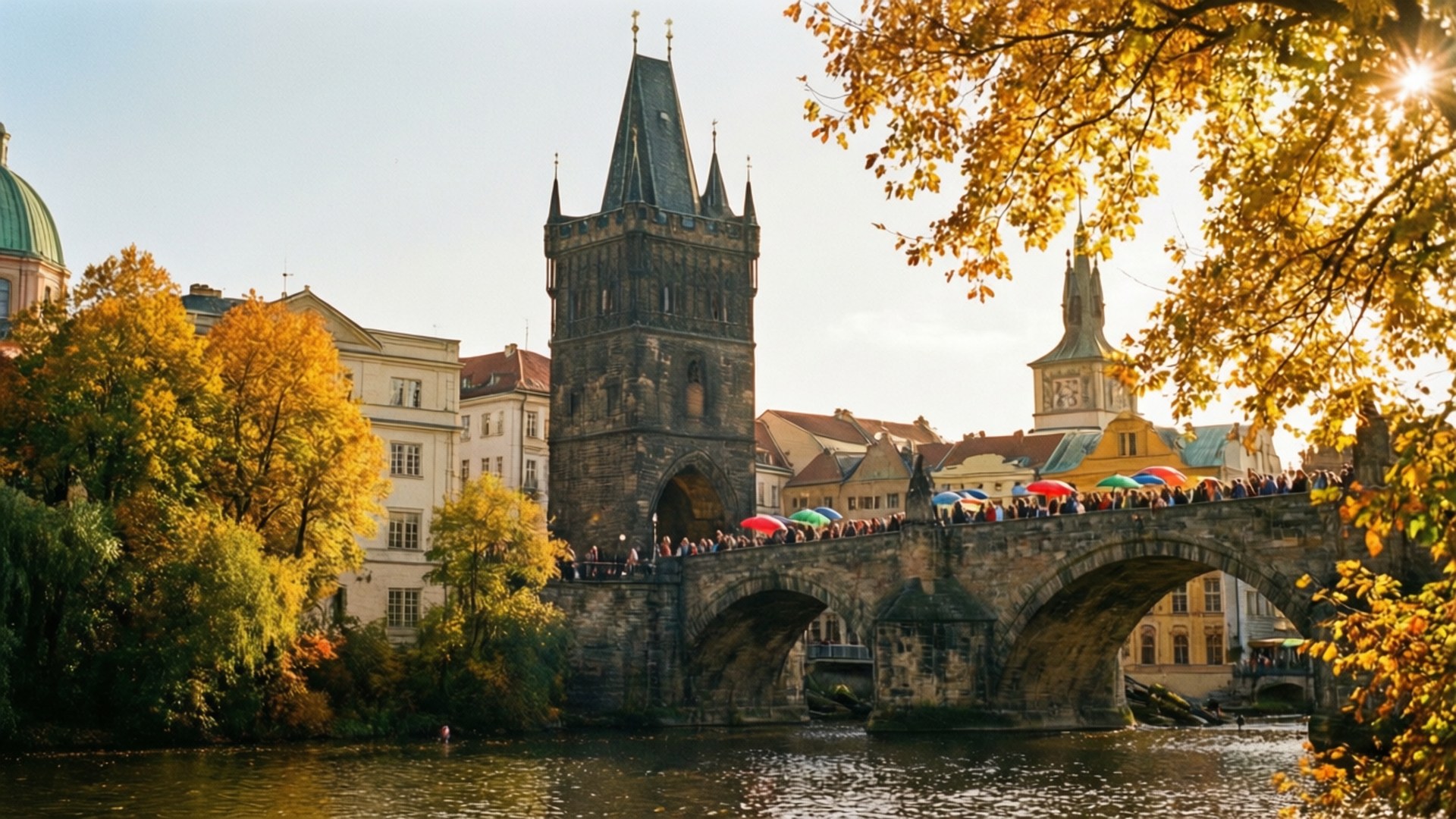 Autumn Colors at Charles Bridge 壁紙 — 金黃色的秋葉框住了布拉格歷史悠久的查理大橋，遊客在溫暖的陽光下漫步。