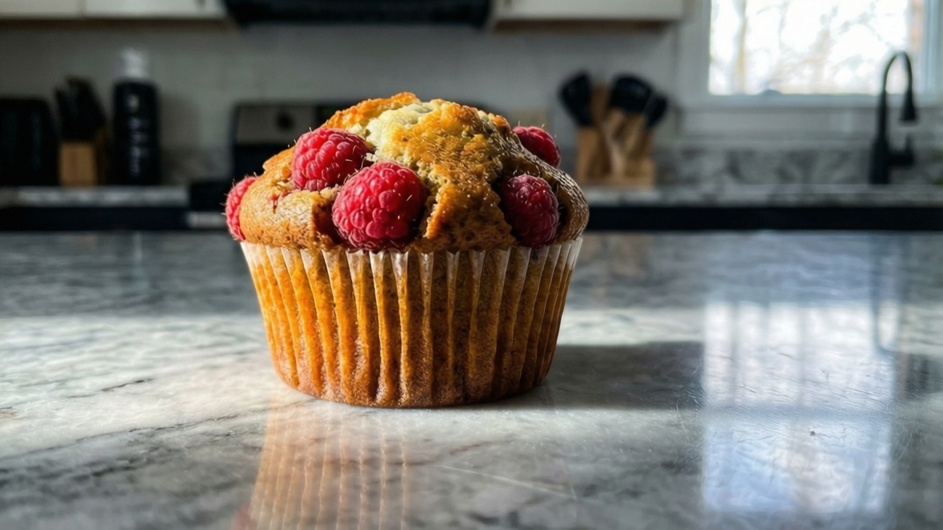 Raspberry Muffin on Marble 壁紙 — 一個金黃色的覆盆子鬆餅，上面有新鮮的紅色莓果，放在拋光的大理石廚房檯面上，沐浴在自然光中。