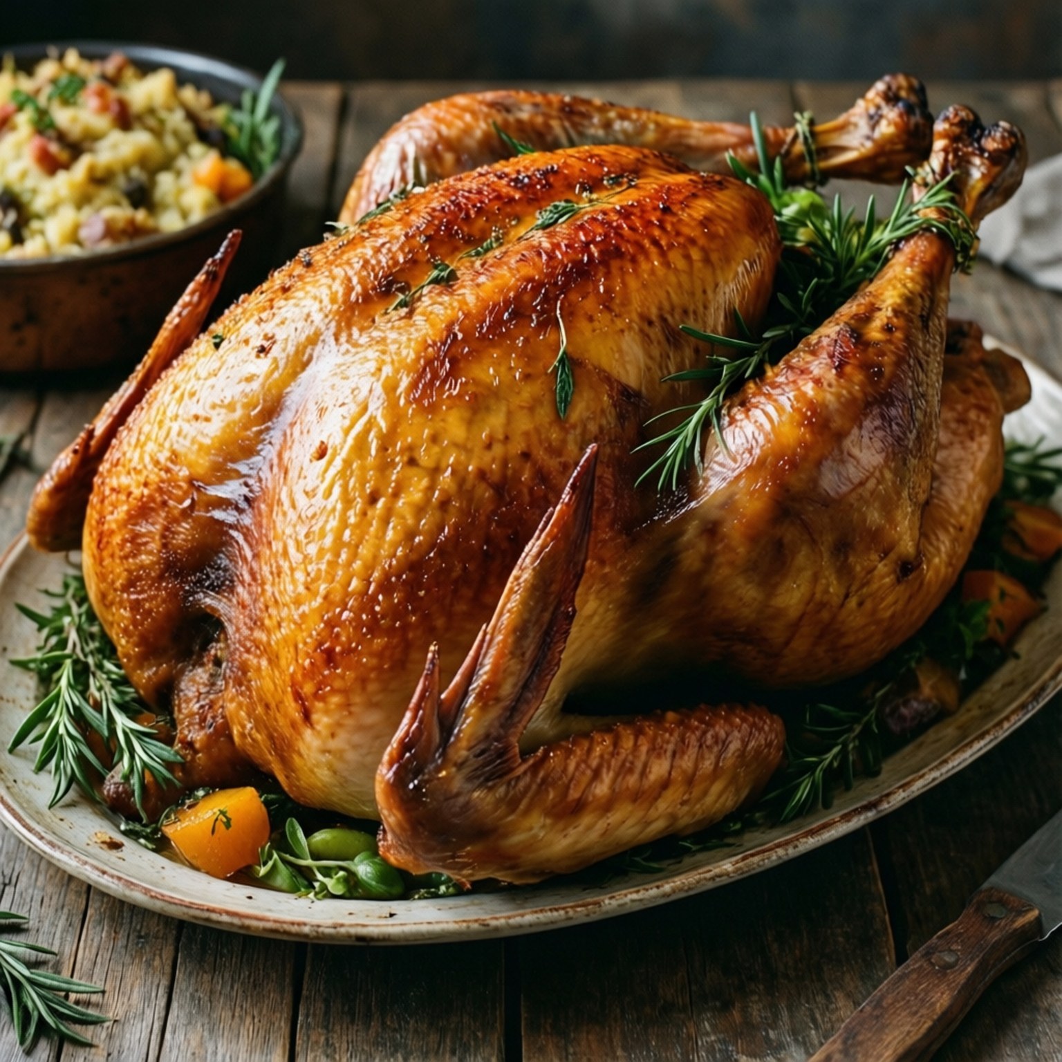 Golden Roasted Turkey 壁紙 — 一隻金黃色的烤火雞，飾以新鮮迷迭香，放在一個質樸的盤子上，旁邊有一碗餡料和一把木刀。