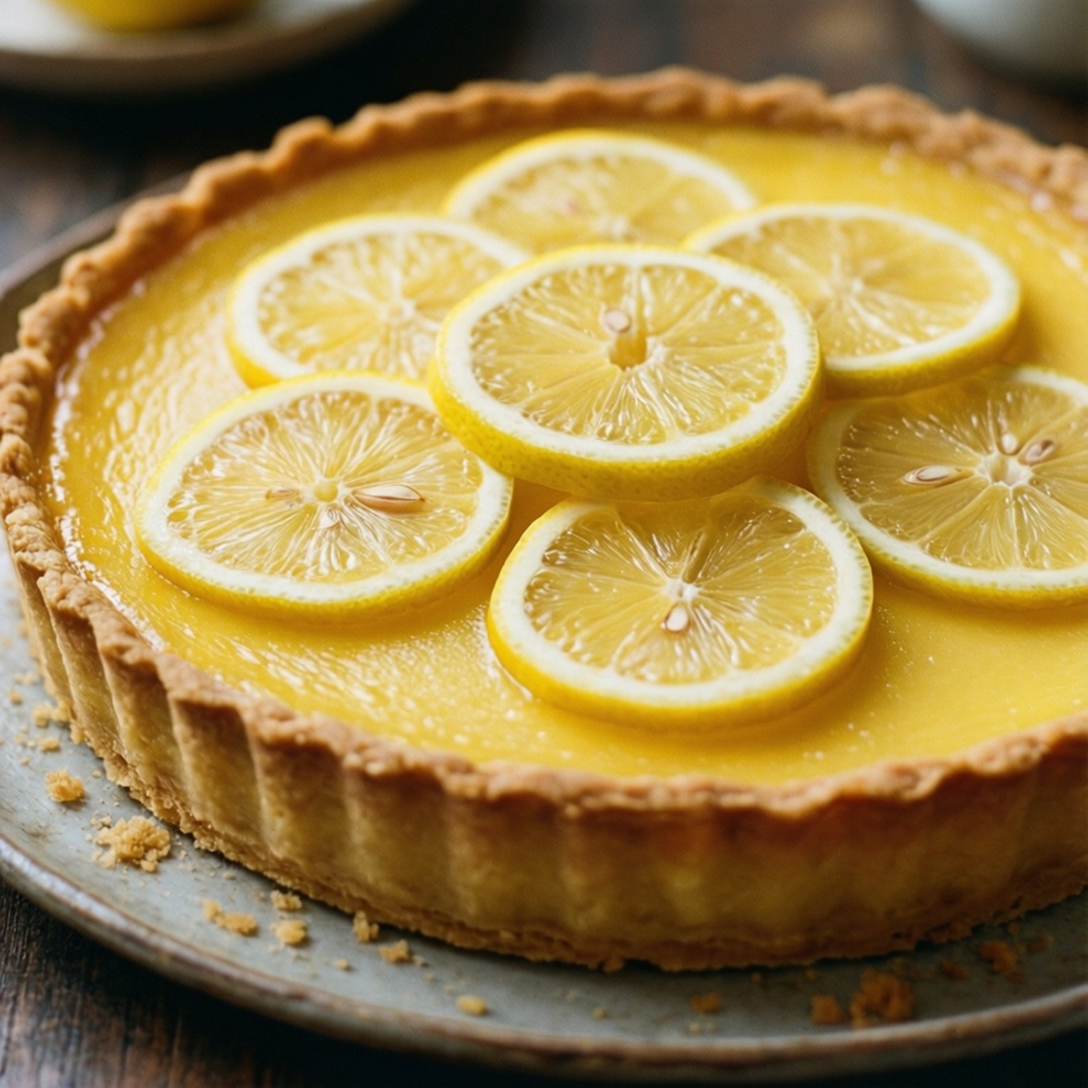 Golden Lemon Tart 壁紙 — 金黃色的檸檬塔，帶有光澤的黃色餡料和新鮮檸檬片排列在上面，放在一個鄉村風格的盤子上。