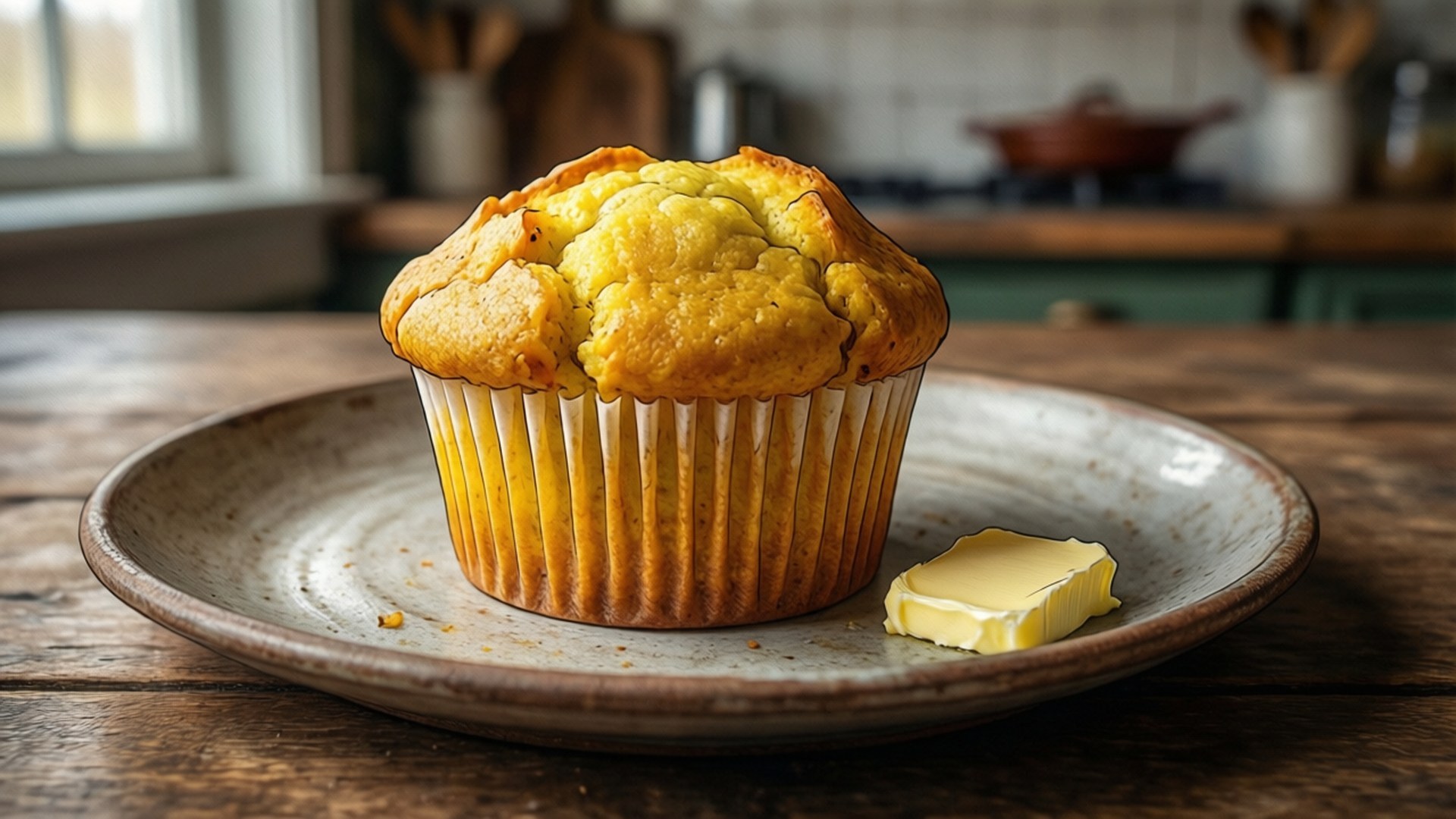 Buttered Corn Muffin 壁紙 — 一個金黃色的玉米麵包鬆餅配上一塊奶油，放在一個質樸的陶瓷盤上，置於木桌上，在一個舒適的廚房裡。