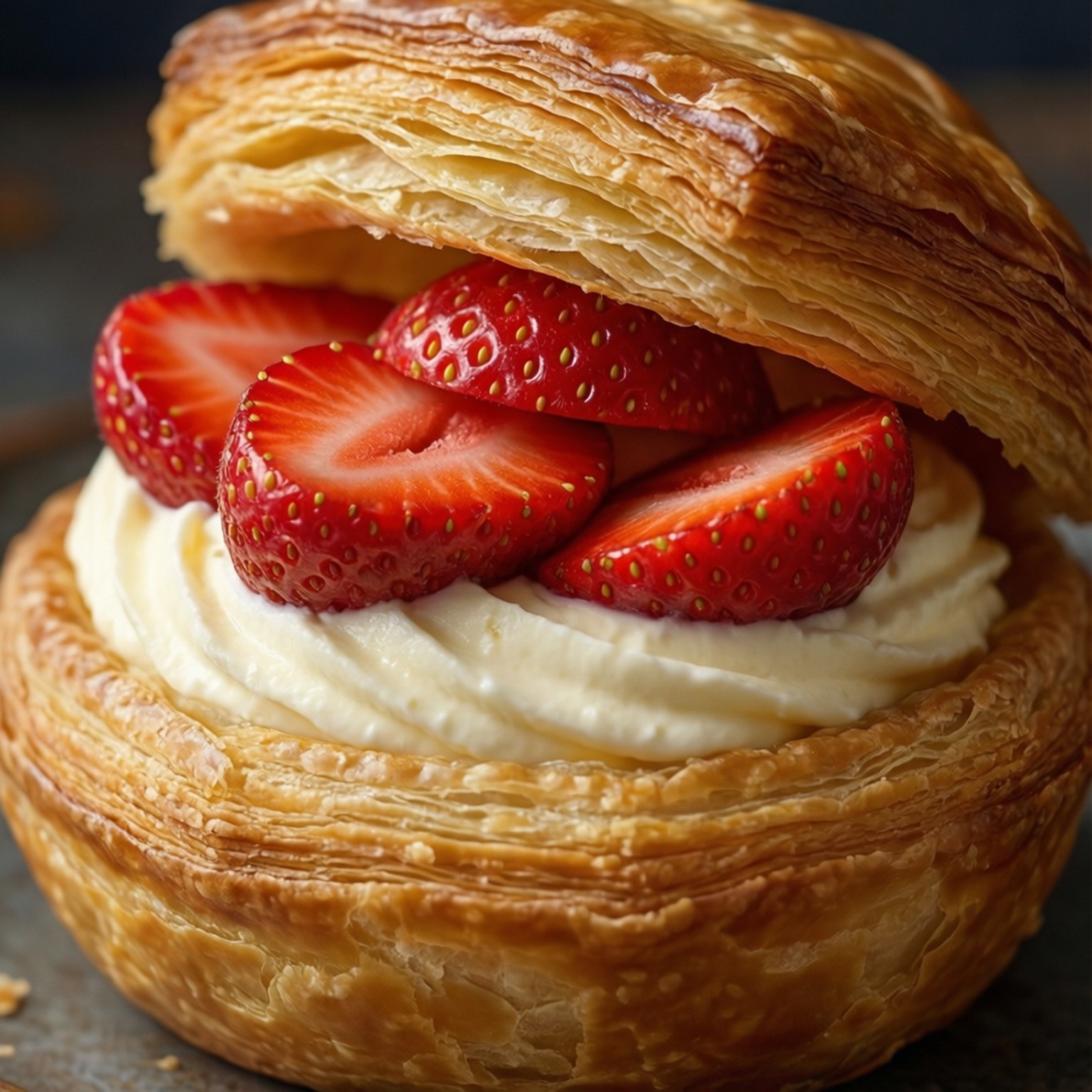 Strawberry Puff Pastry 壁紙 — 金黃酥脆的可頌，內餡是奶油白吉士和新鮮切片草莓。