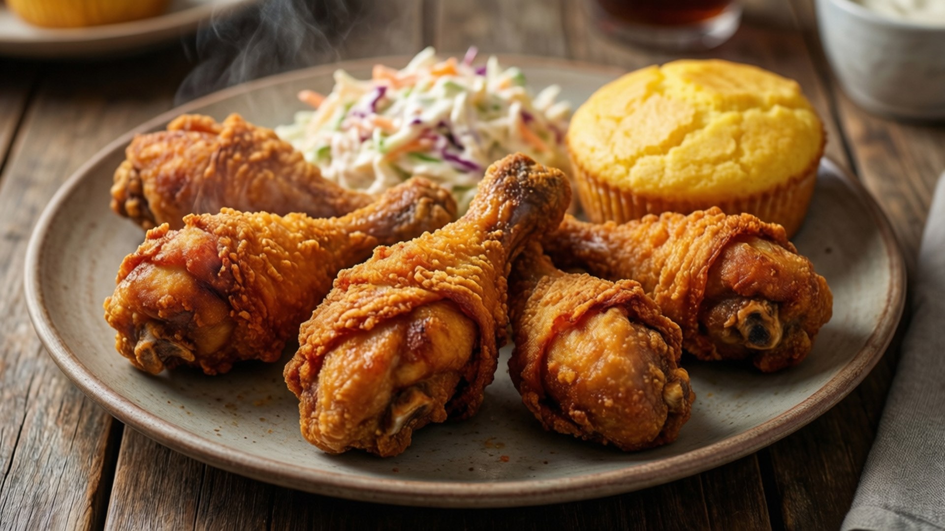 Chicken Leg Piece 桌布 壁紙 — 金黃酥脆的炸雞腿在鄉村風木桌上，伴隨著涼拌高麗菜和玉米麵包，熱氣騰騰。