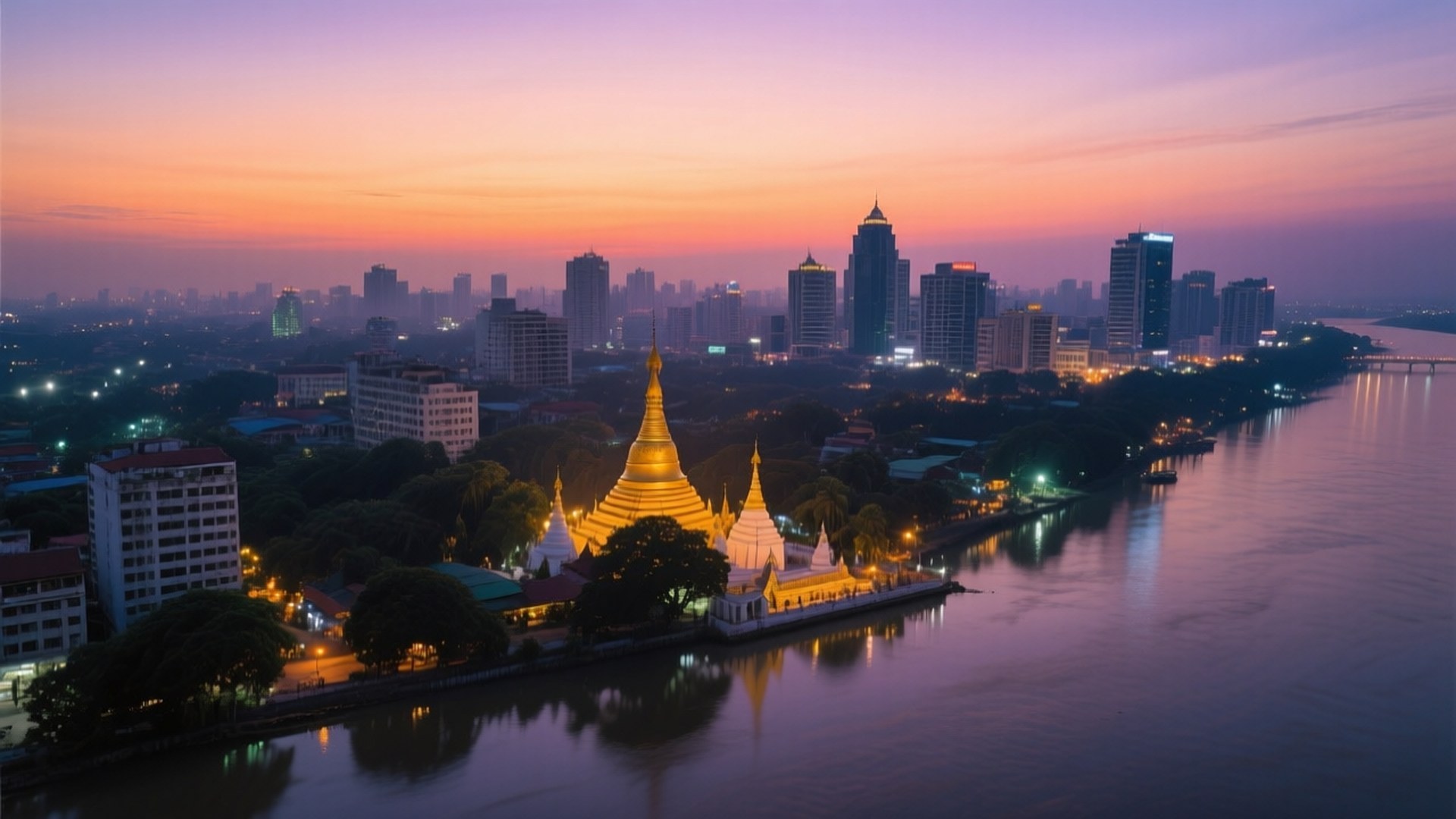Yangon Skyline Dusk 壁紙 — 金色寶塔在河邊溫暖地發光，暮色中城市摩天大樓在粉紅和橙色天空下聳立其後。